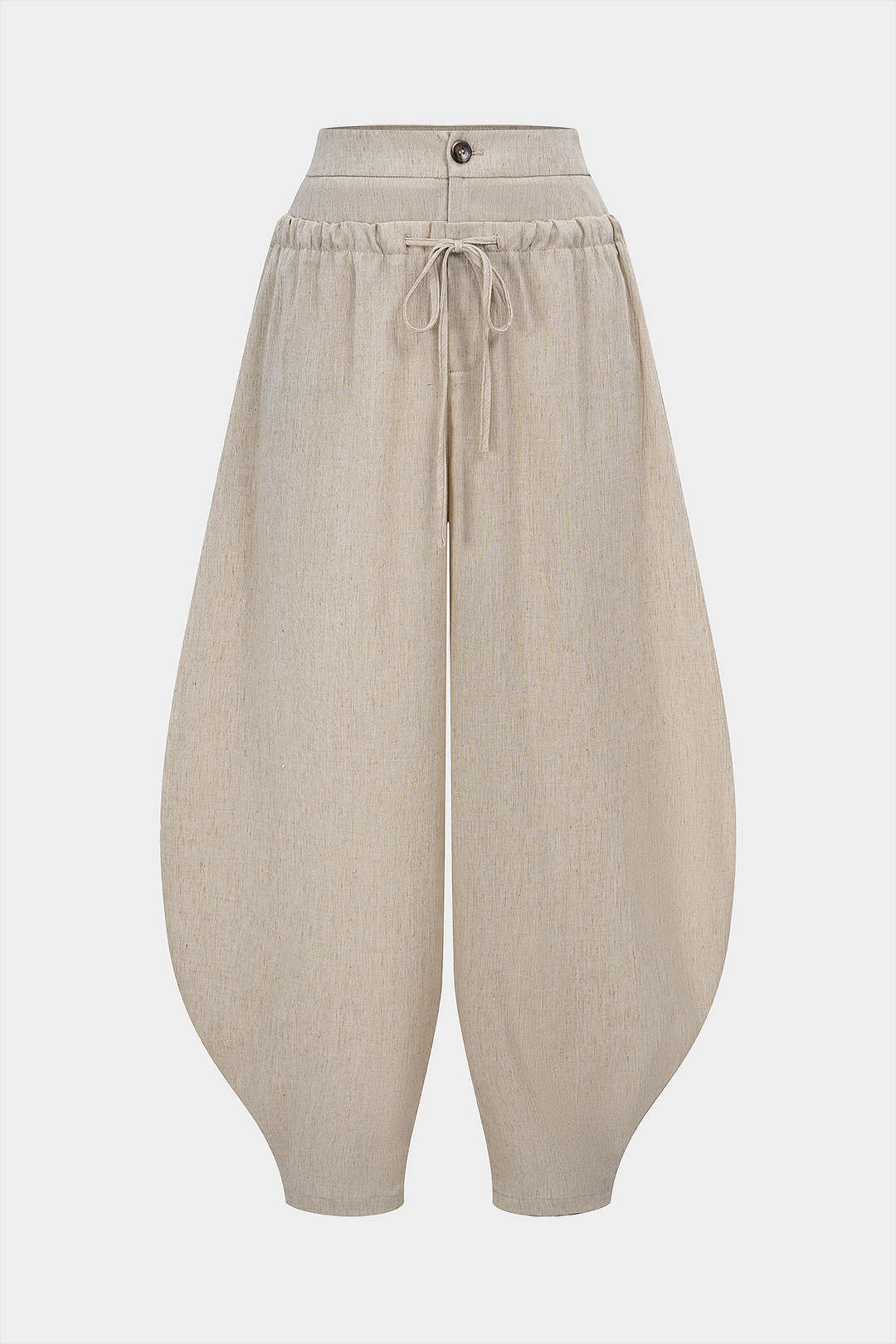 Linen Tie-Up Double Waistband Ruched Pants - Flockneti