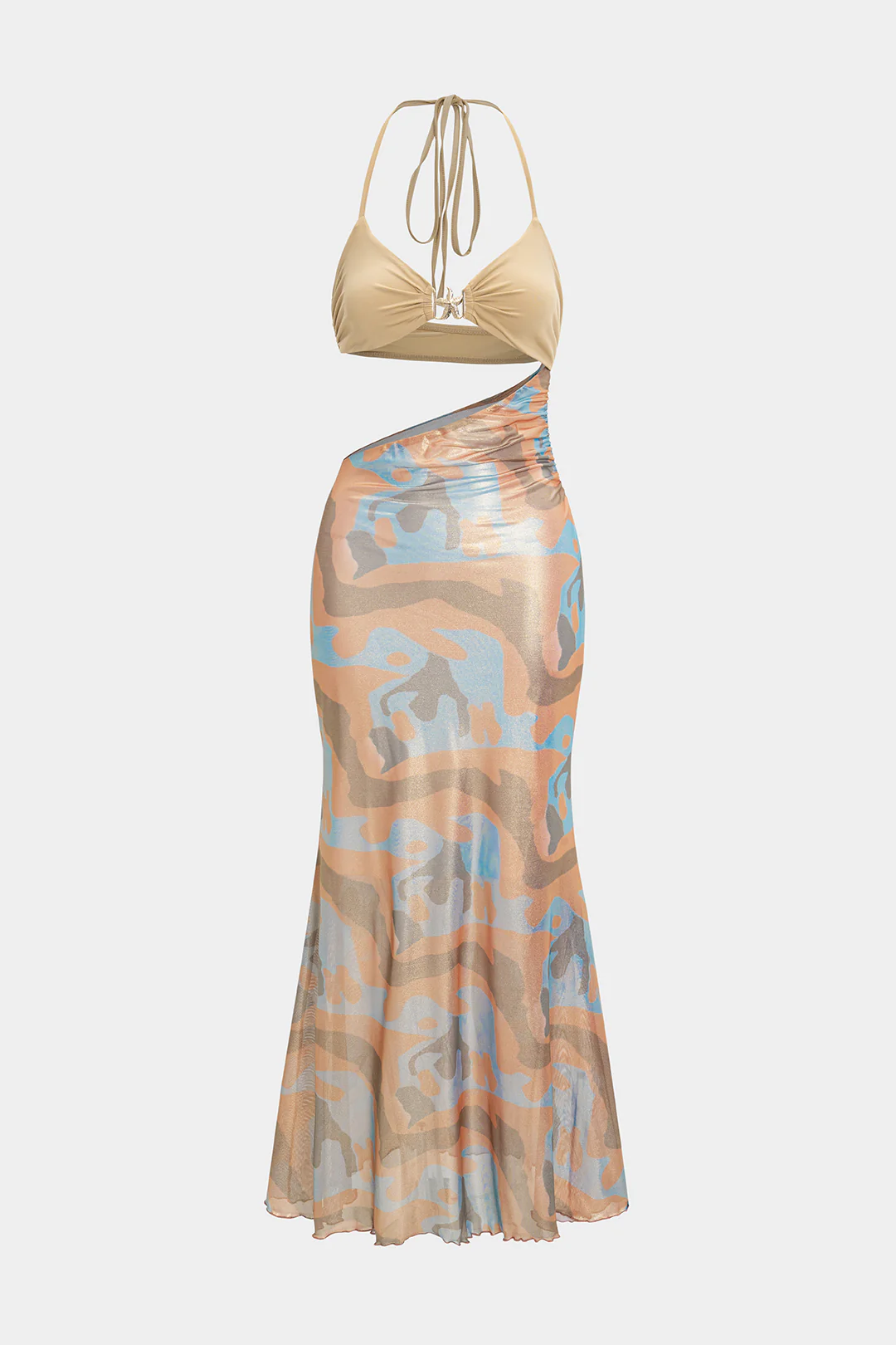 Abstract Print Satin Tie-Up Halter Neck Cut Out Sleeveless Maxi Dress - Flockneti