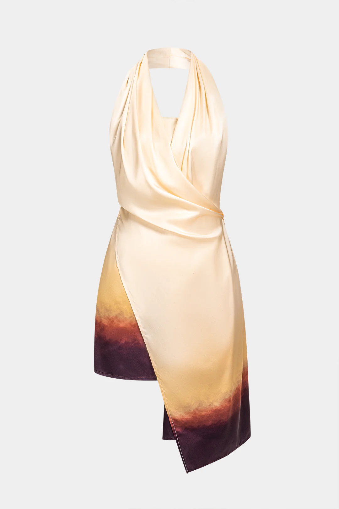 Ombre Contrast Print Halter V-Neck Asymmetrical Ruched Sleeveless Mini Dress - Flockneti
