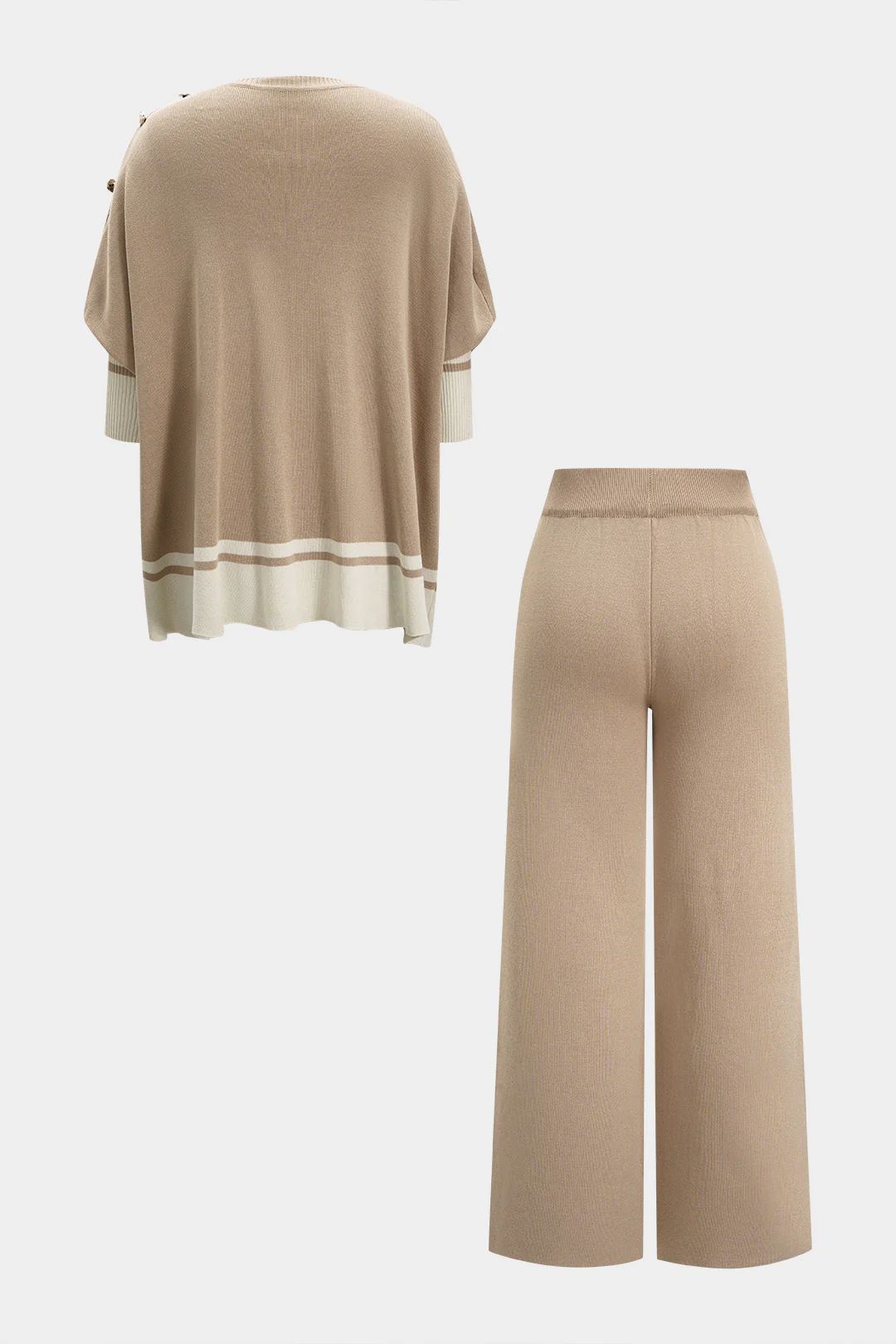 Knit Contrast Metallic Button Short-Sleeved Top And Wide Leg Pants Set - Flockneti