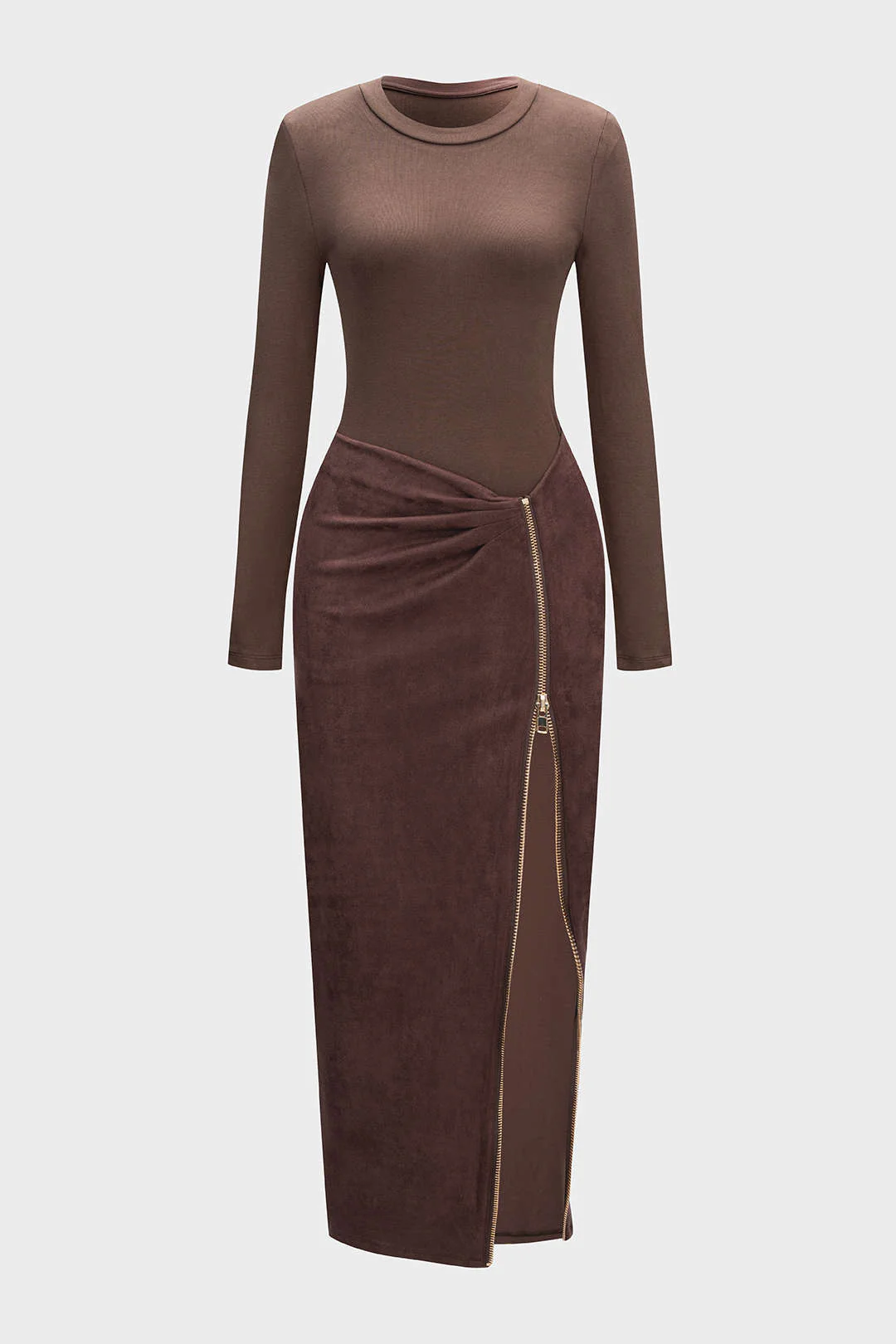 Round Neck Zipper Patchwork Long Sleeve Midi Dress - Flockneti