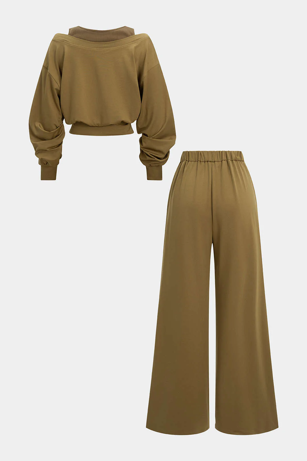 Cut Out Long-Sleeve Top And High Waist Wide Leg Trousers Set - Flockneti