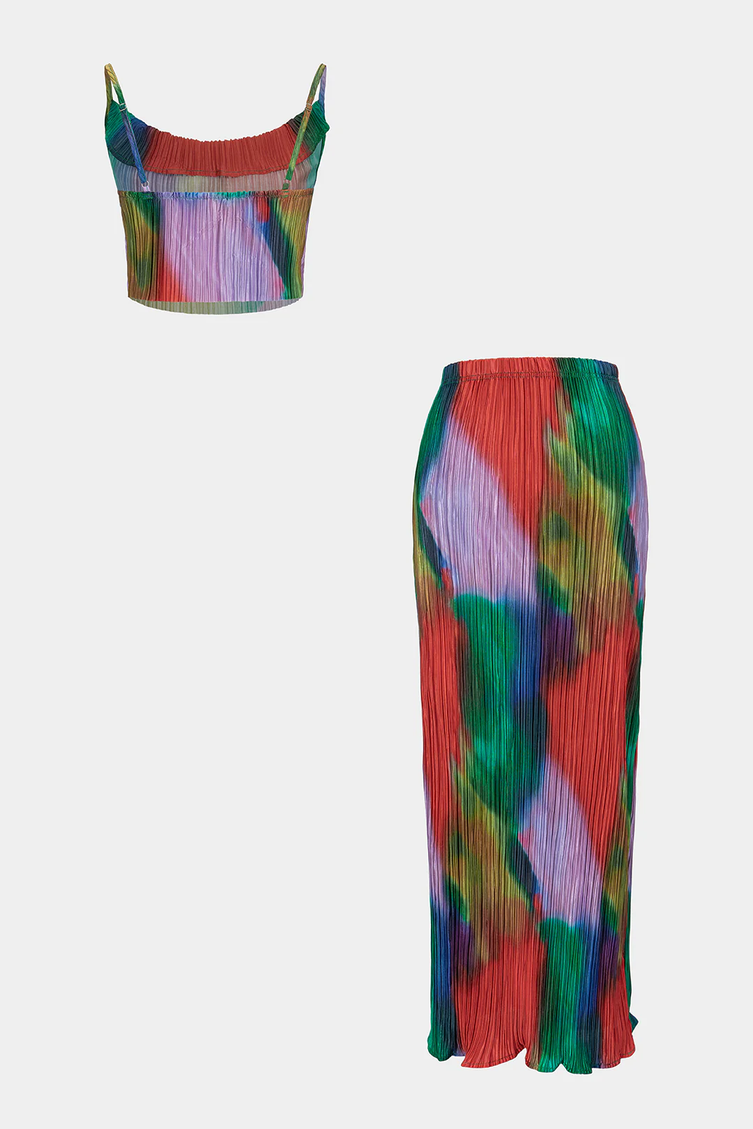 Tie Dye Print Satin Pleated Round Neck Cami Top And High Waist Skirt Set - Flockneti