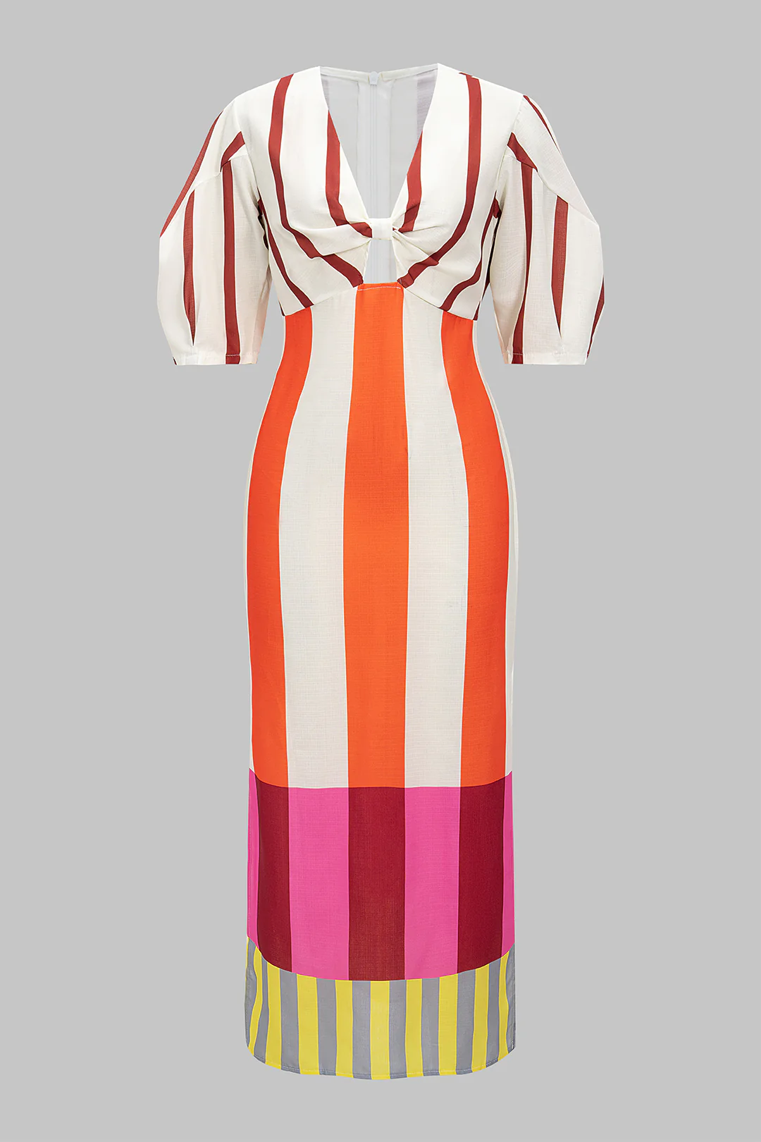 Stripes Print Linen Hollow Out Short Sleeve Midi Dress - Flockneti
