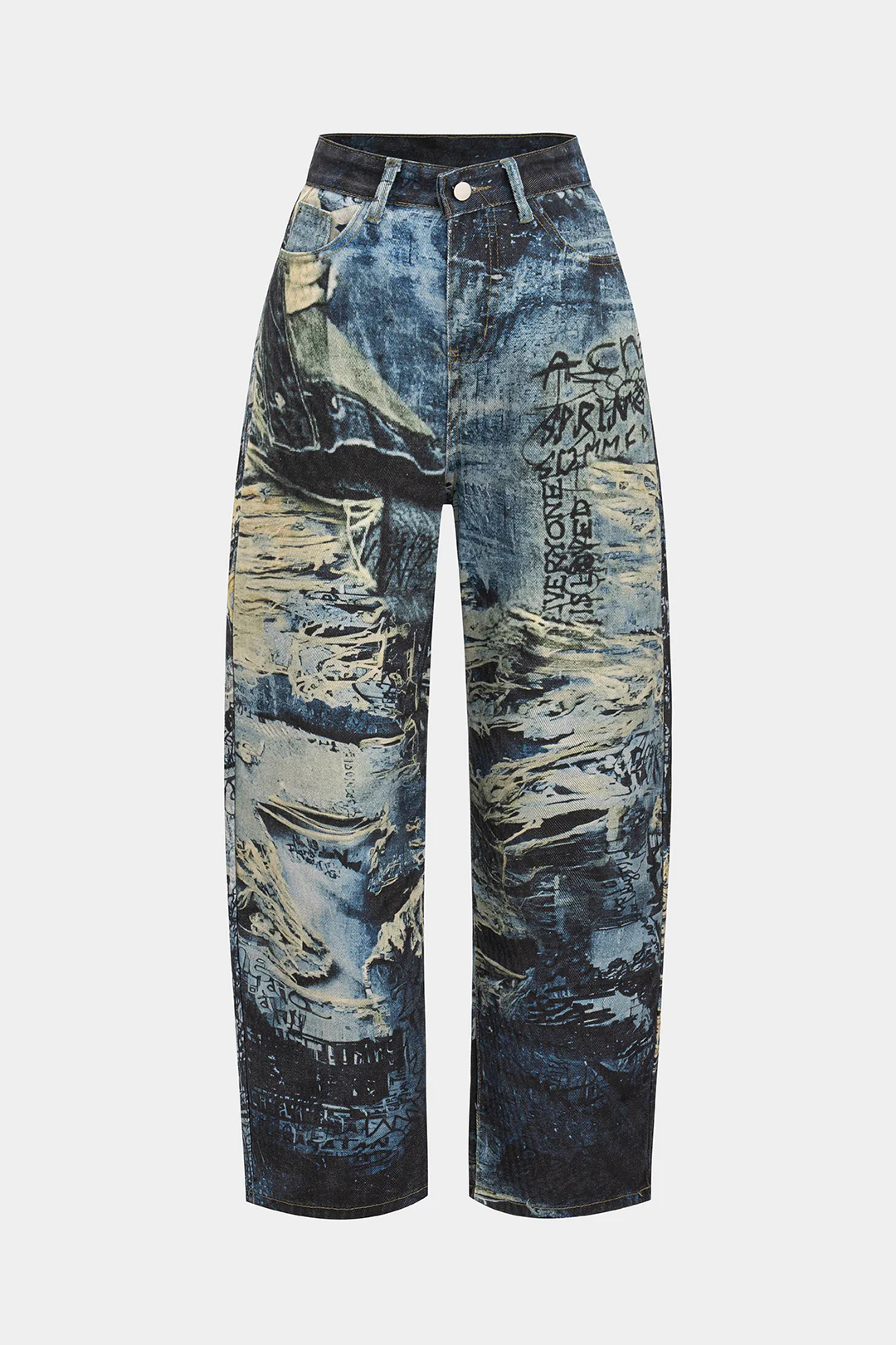 Denim Watercolor Letter Print Ripped Pants - Flockneti