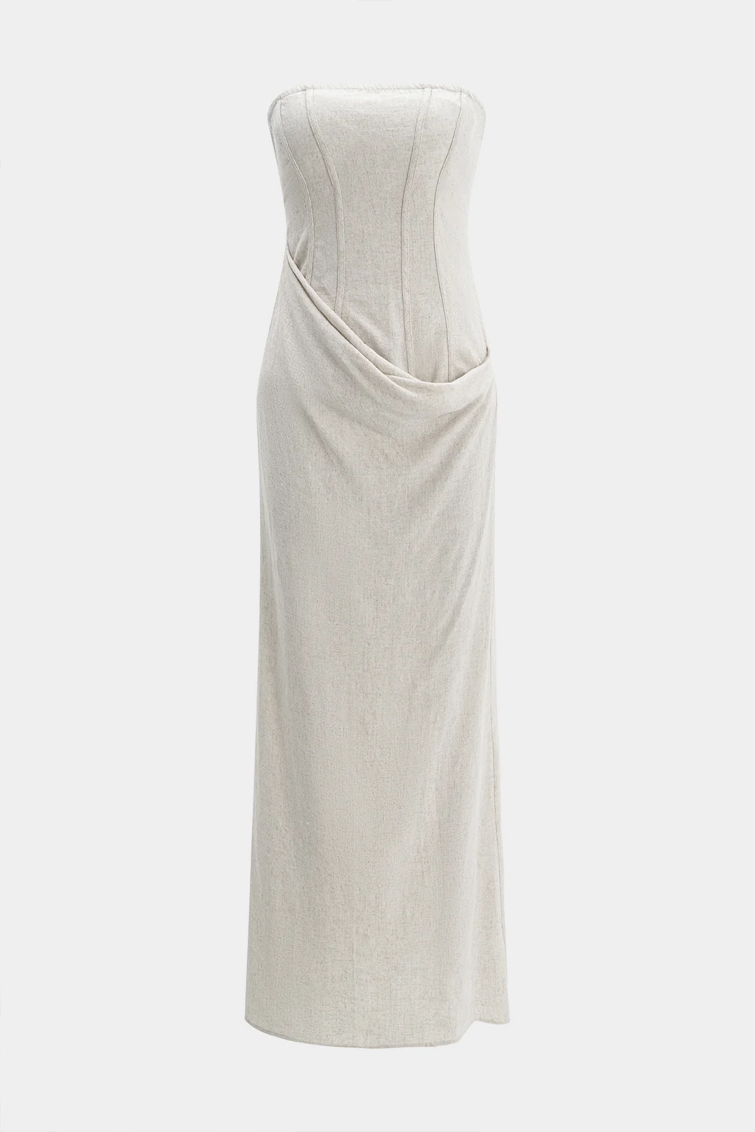 Linen Ruched Strapless Sleeveless Midi Dress - Flockneti