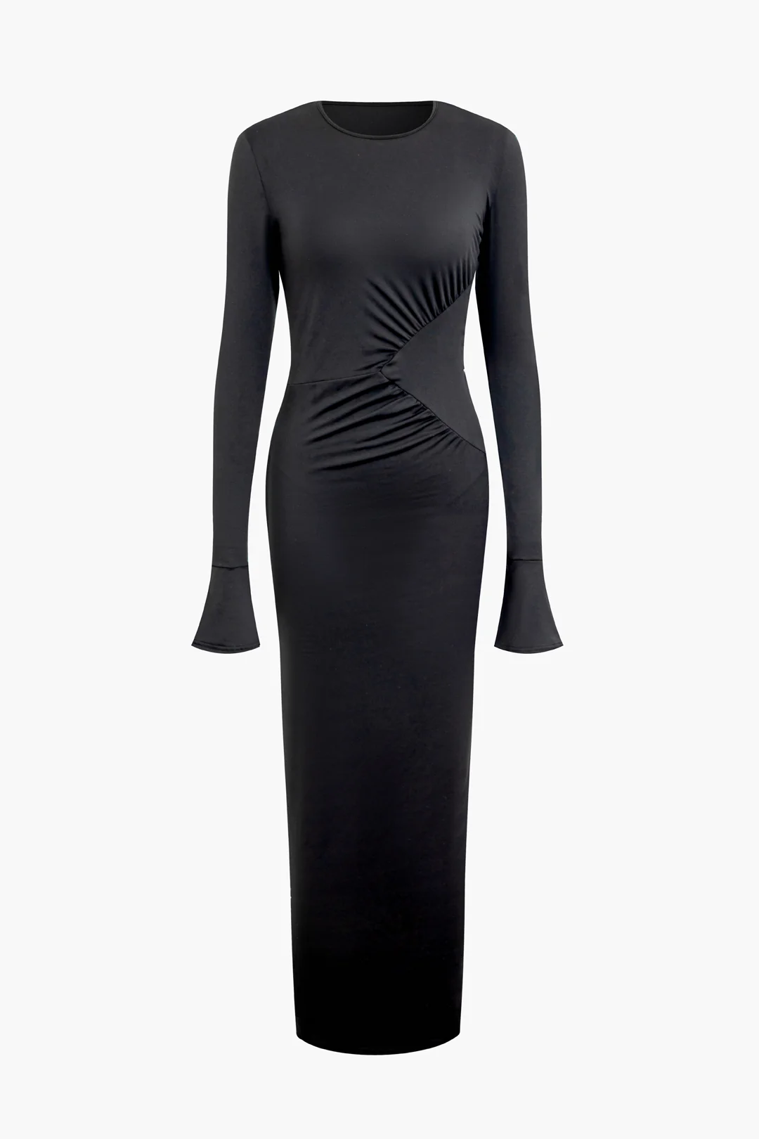 Round Neck Asymmetrical Ruched Long Sleeve Maxi Dress - Flockneti