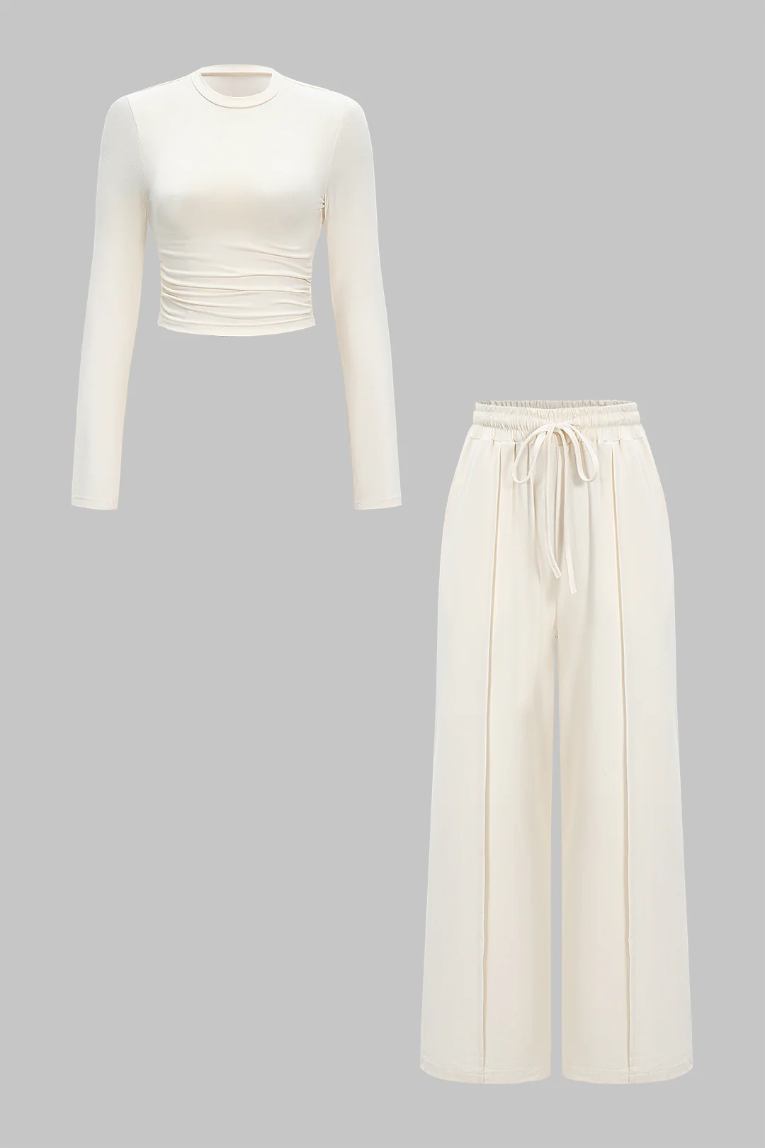 Ruched Long-Sleeve Top And Tie-Up High Waist Wide Leg Trousers Set - Flockneti