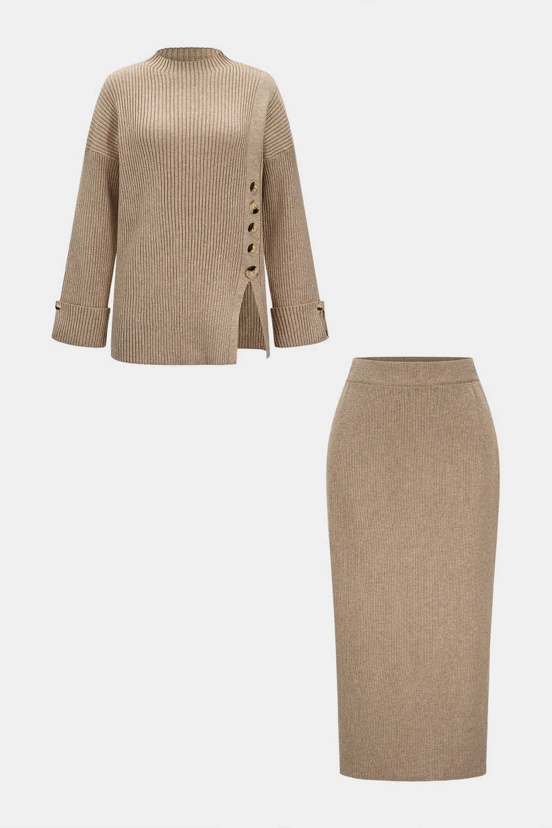 Knit Asymmetrical Button Side Slit Long-Sleeve Top And Skirt Set - Flockneti
