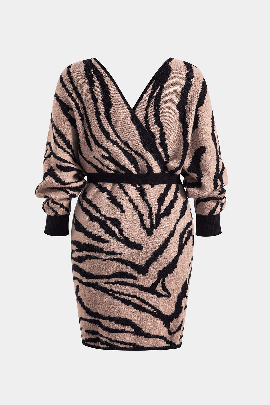 Plus Size Zebra Stripe Print Knit Tie-Up Crossed Long Sleeve Dress - Flockneti