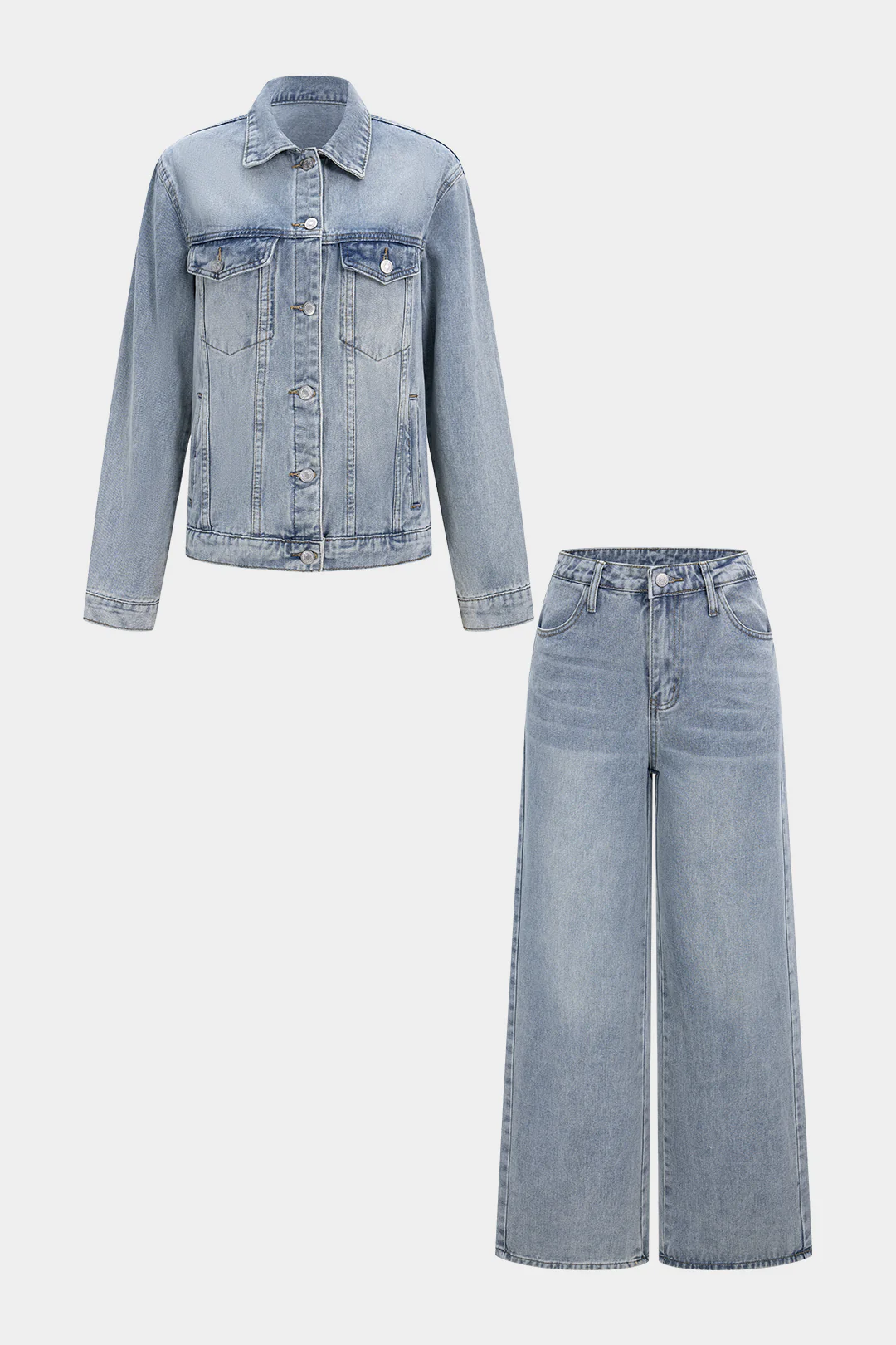 Denim Button Pocket Jacket And Wide Leg Jeans Set - Flockneti