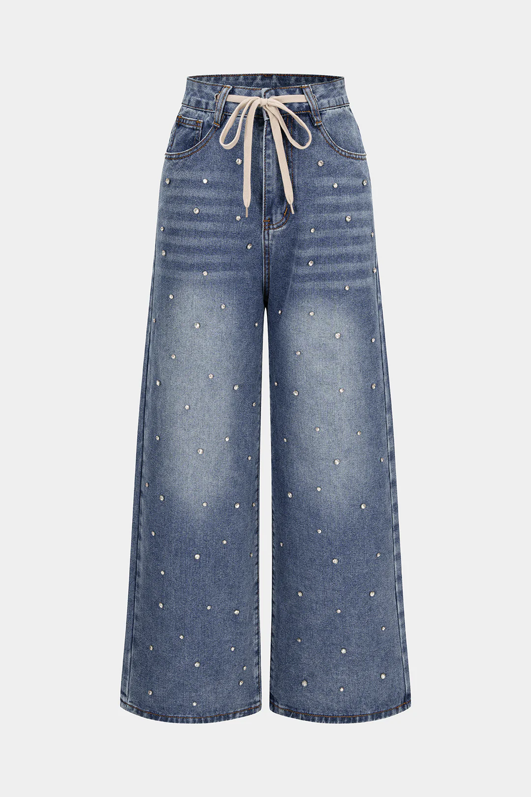 Denim Drawstring Beads Decor High Waist Wide Leg Jeans - Flockneti