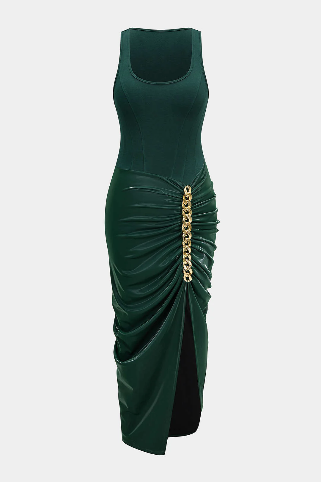 Metallic Chain Ruched Sleeveless Midi Dress - Flockneti