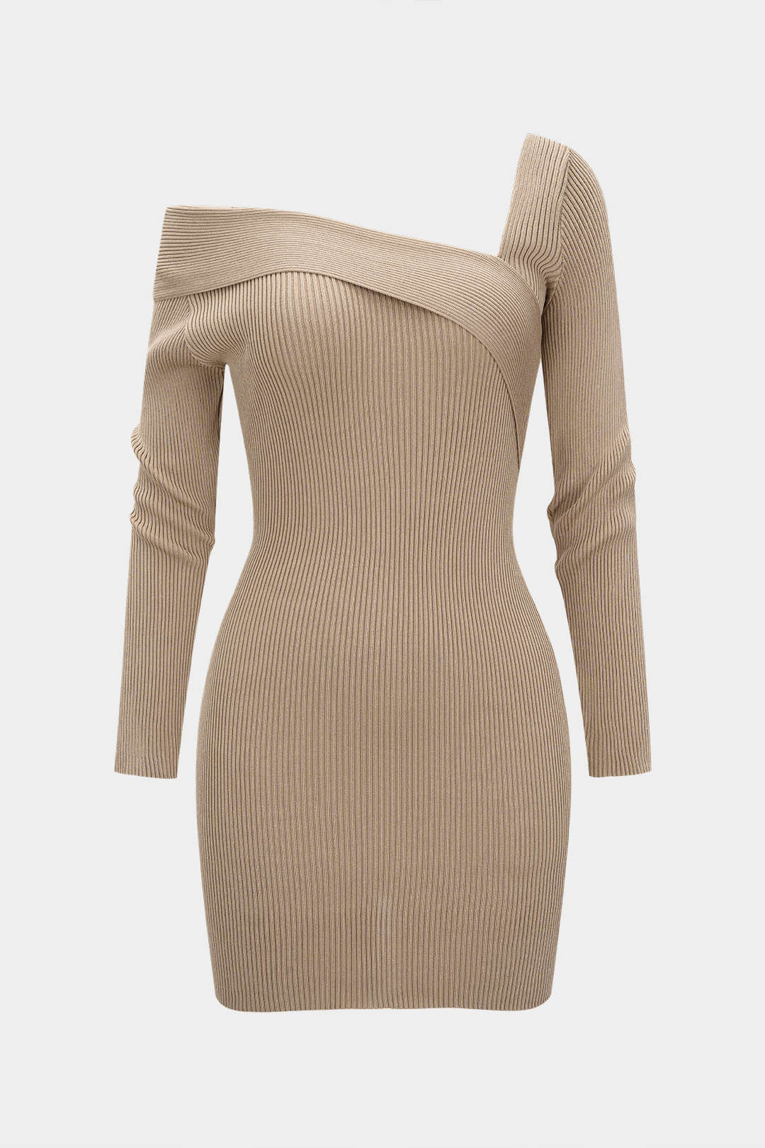 Knit Ribbed Asymmetrical Long Sleeve Mini Dress - Flockneti