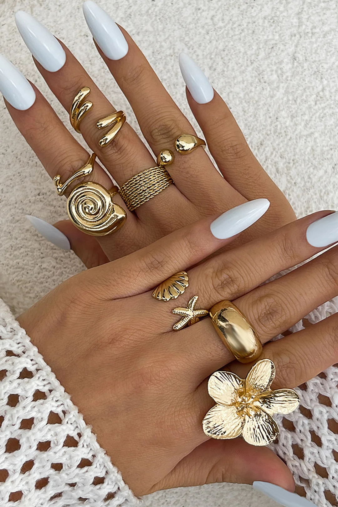 Shell Starfish Flower Irregular Metallic Open Ring Set - Flockneti