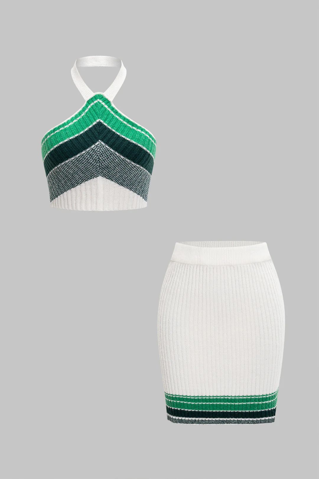 Knit Color-Block Halter Neck Cami Top And Mini Skirt Set - Flockneti