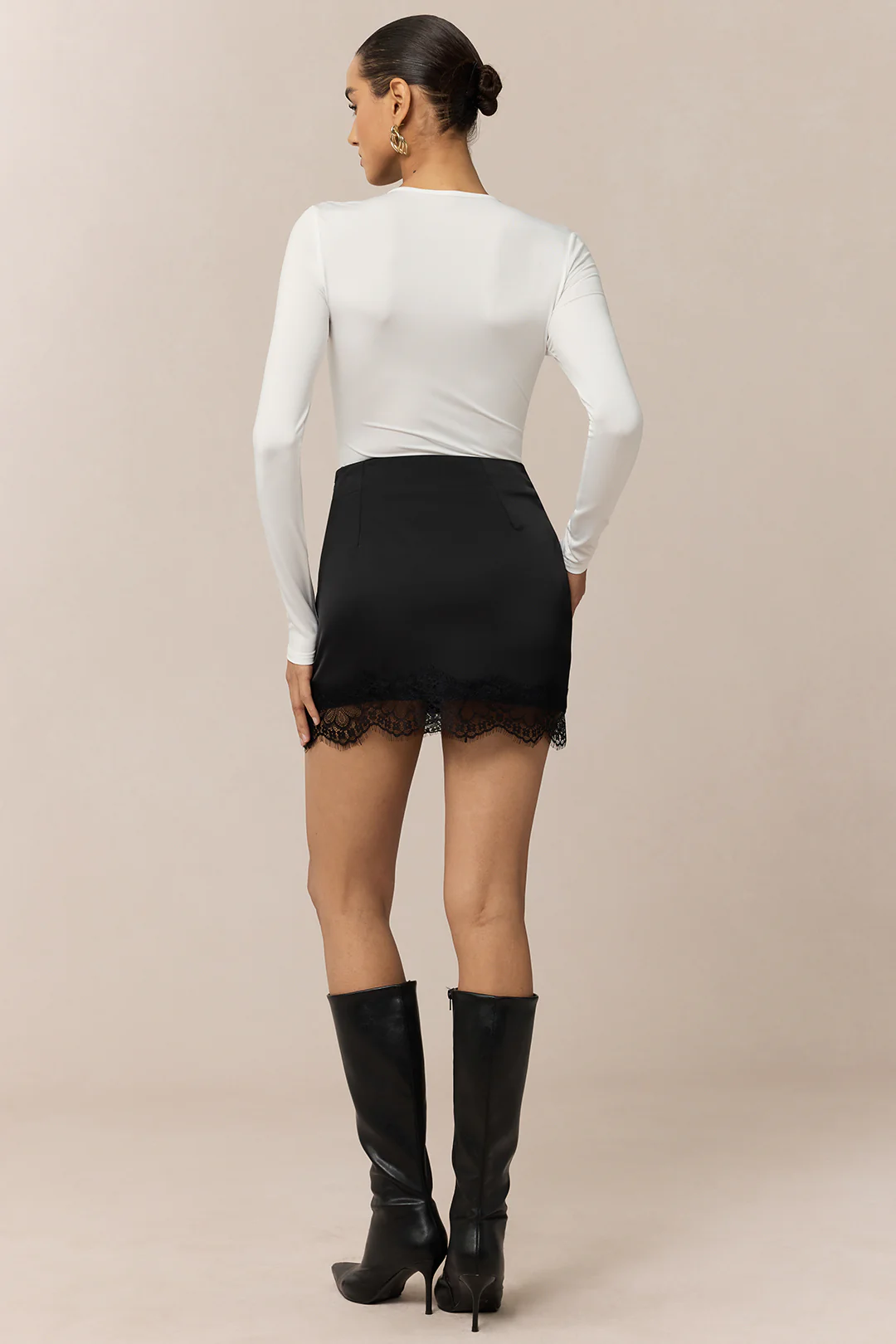 Satin Patchwork Lace Trim Zipper Mini Skirt - Flockneti