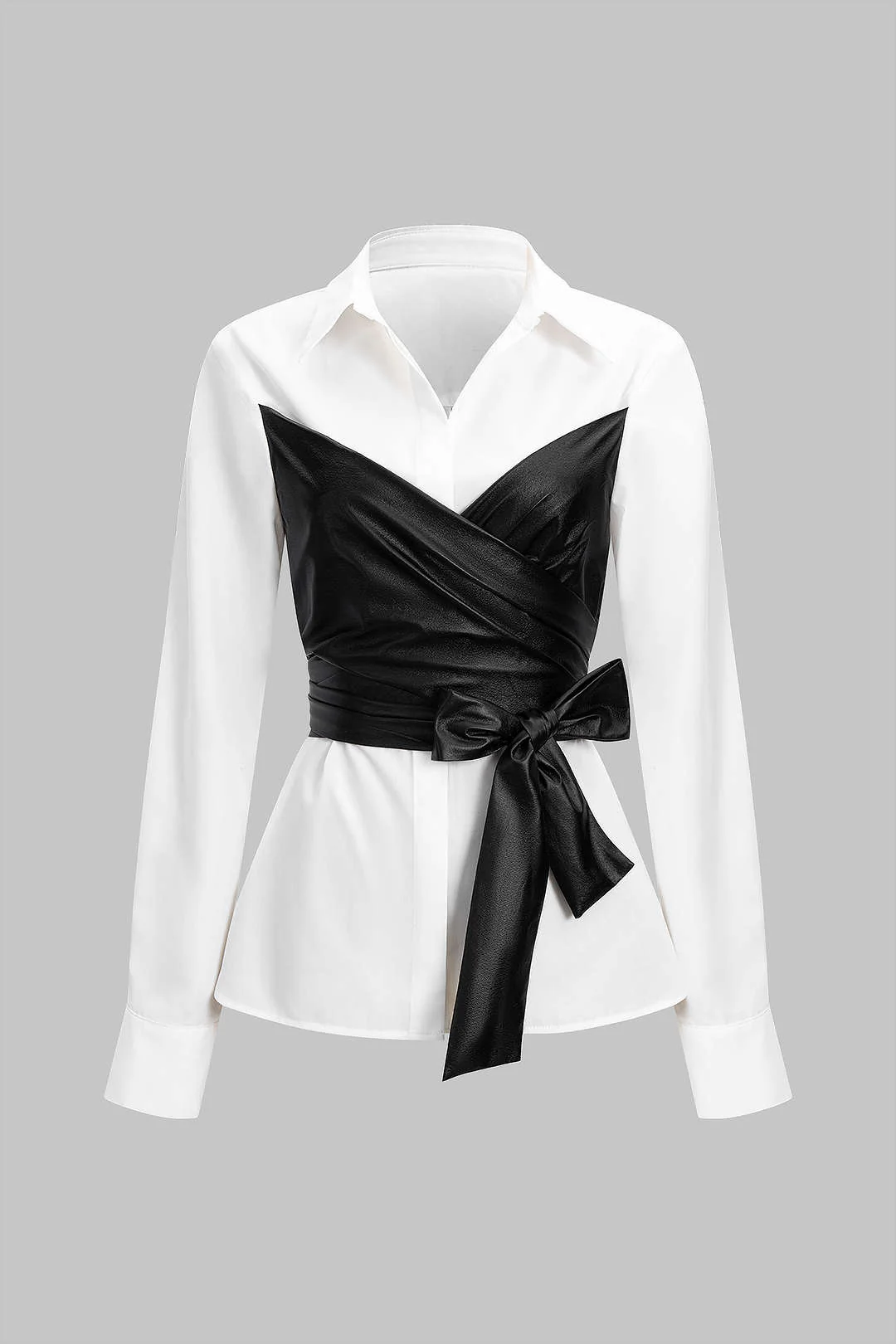 Faux Leather Patchwork Tie-Back Long-Sleeve Shirt - Flockneti