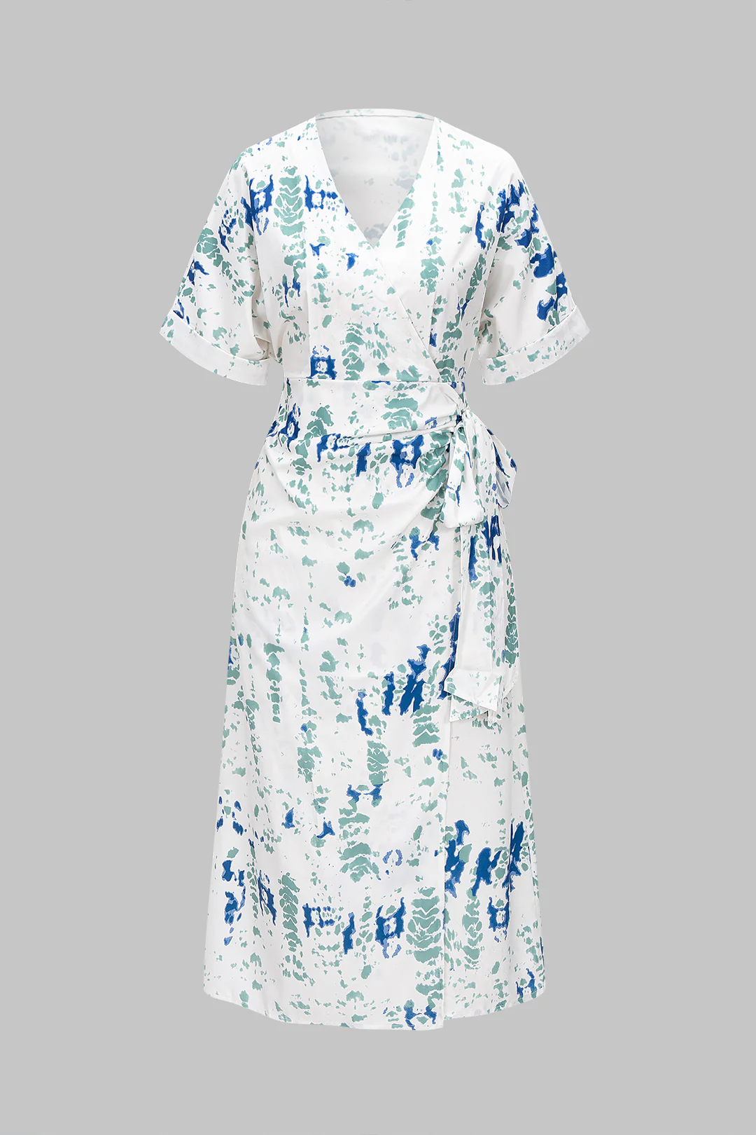 Splatter Print V-Neck Tie-Up Short Sleeve Midi Dress - Flockneti