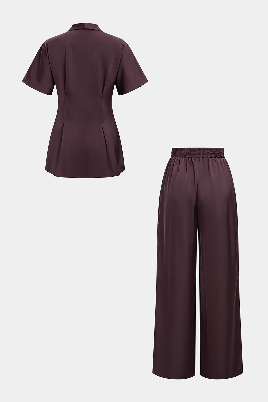 Satin V-Neck Short-Sleeve Top And High-Waist Wide-Leg Pants Set - Flockneti