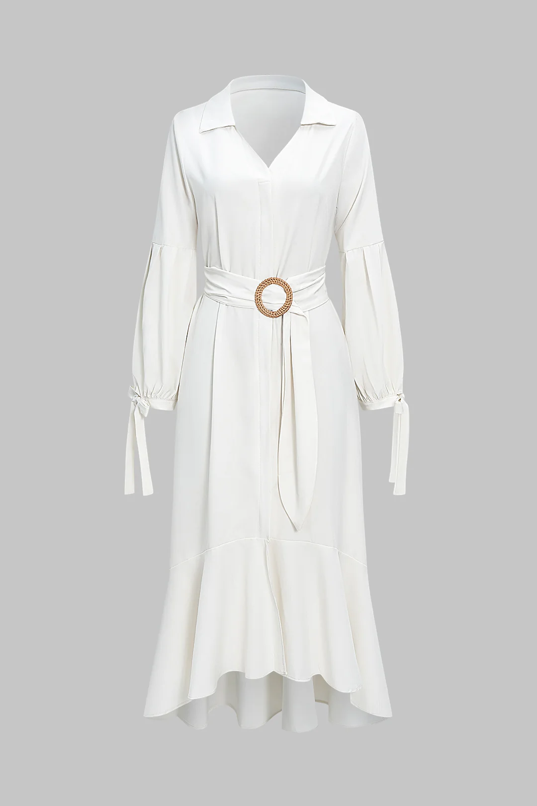 Solid V-Neck Belted Tie-Up Long Sleeve Maxi Dress - Flockneti