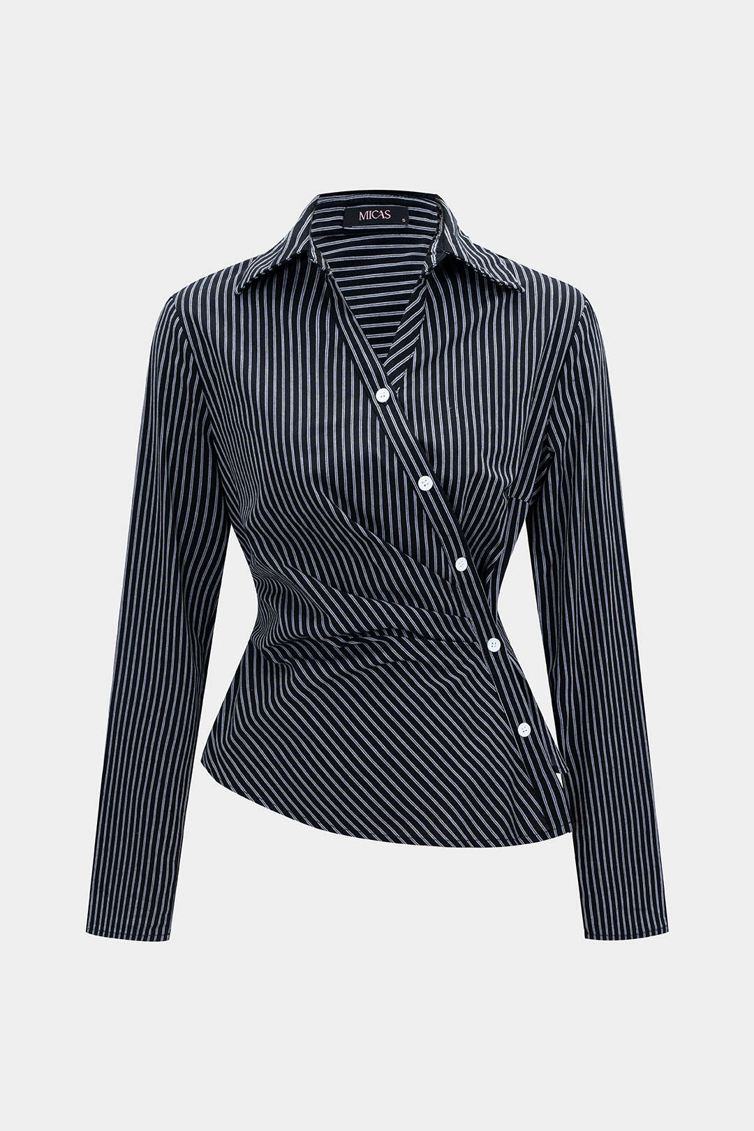 Stripes Print Asymmetrical Button Long-Sleeve Shirt - Flockneti