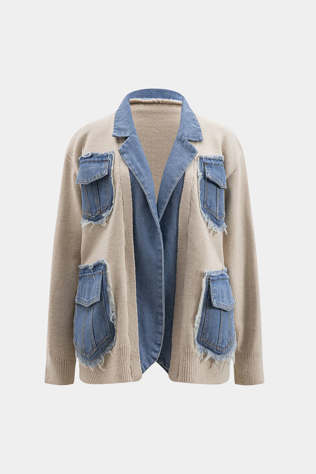 Ripped Pocket Patchwork Sweater Cardigan - Flockneti