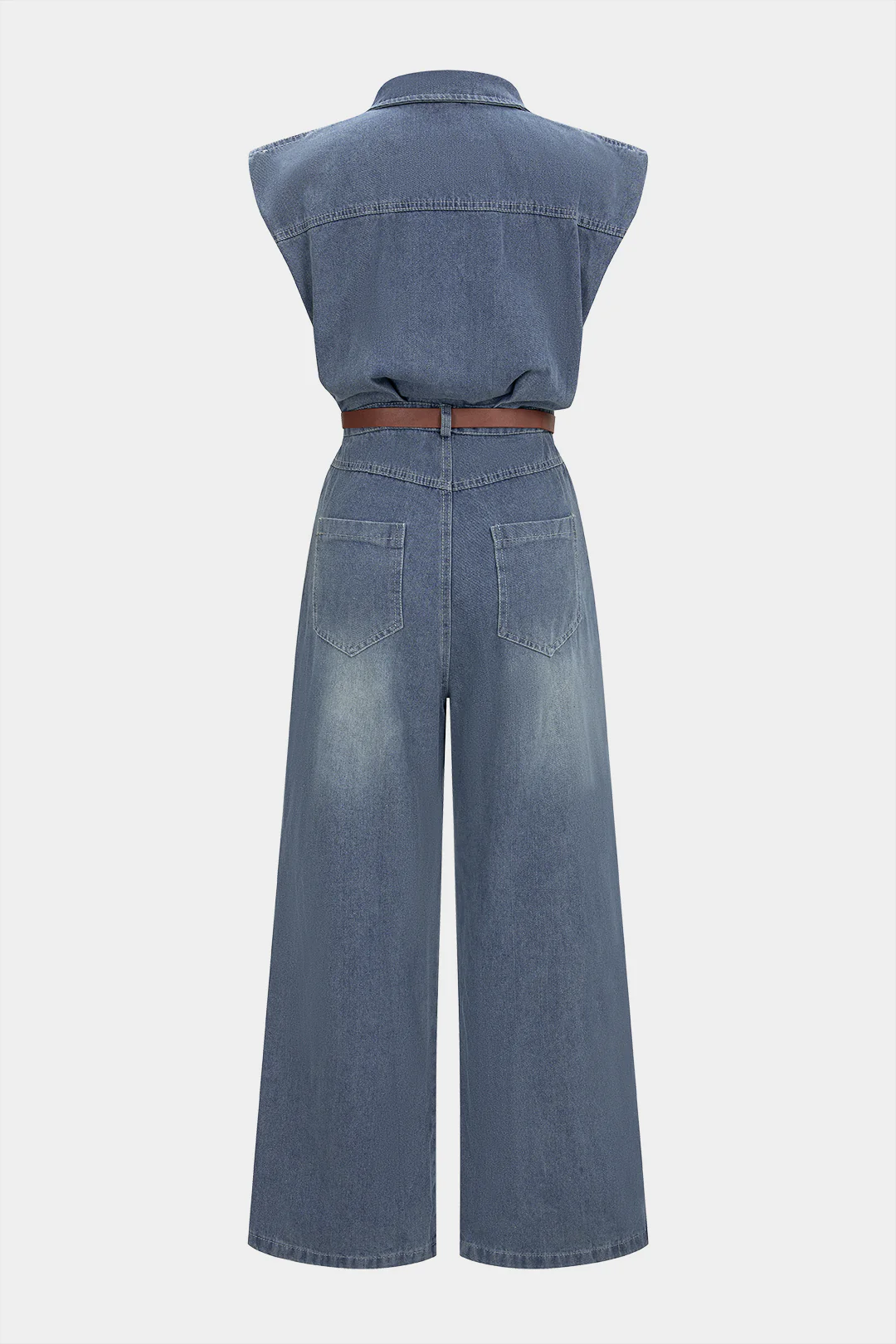Denim Button Belted Ripped Sleeveless Jumpsuit - Flockneti