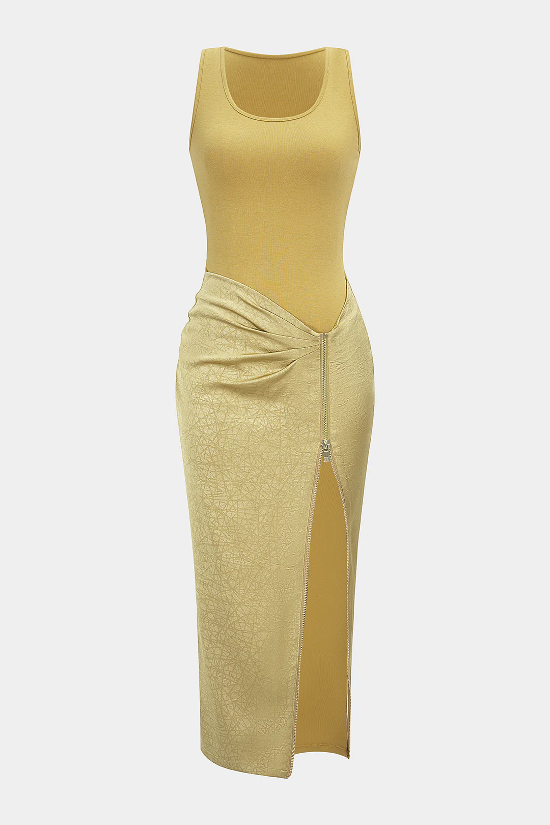 Patchwork Textured U-Neck Asymmetrical Ruched Zipper Slit Sleeveless Maxi Dress - Flockneti