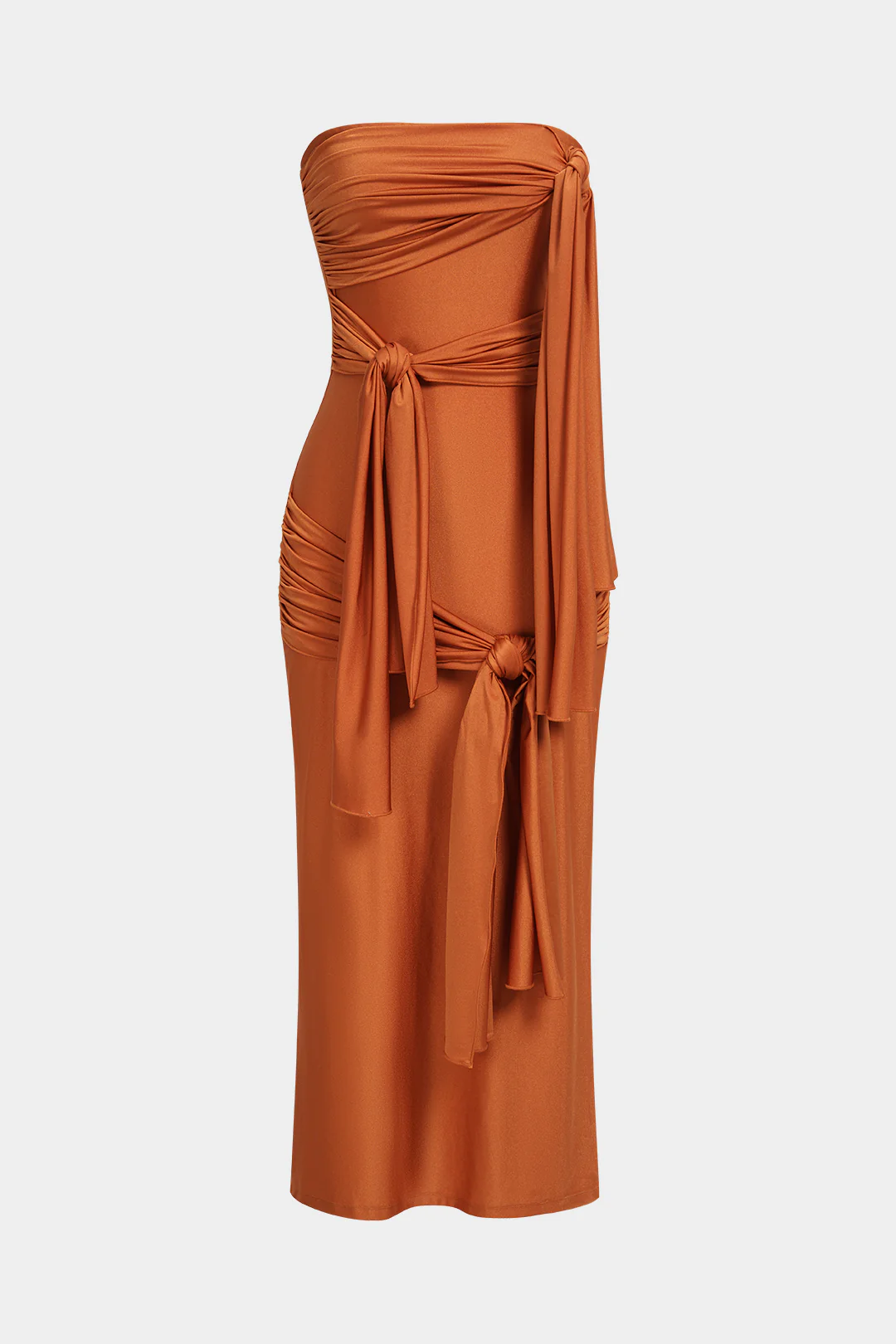 Solid Asymmetrical Knotted Ruched Sleeveless Maxi Dress - Flockneti