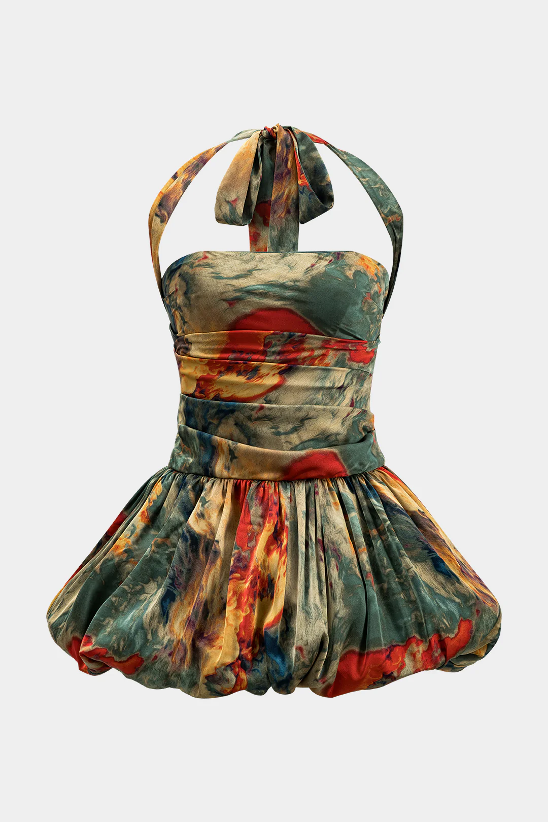 Watercolor Print Satin Ruched Backless Zipper Tie Up Mini Dress - Flockneti