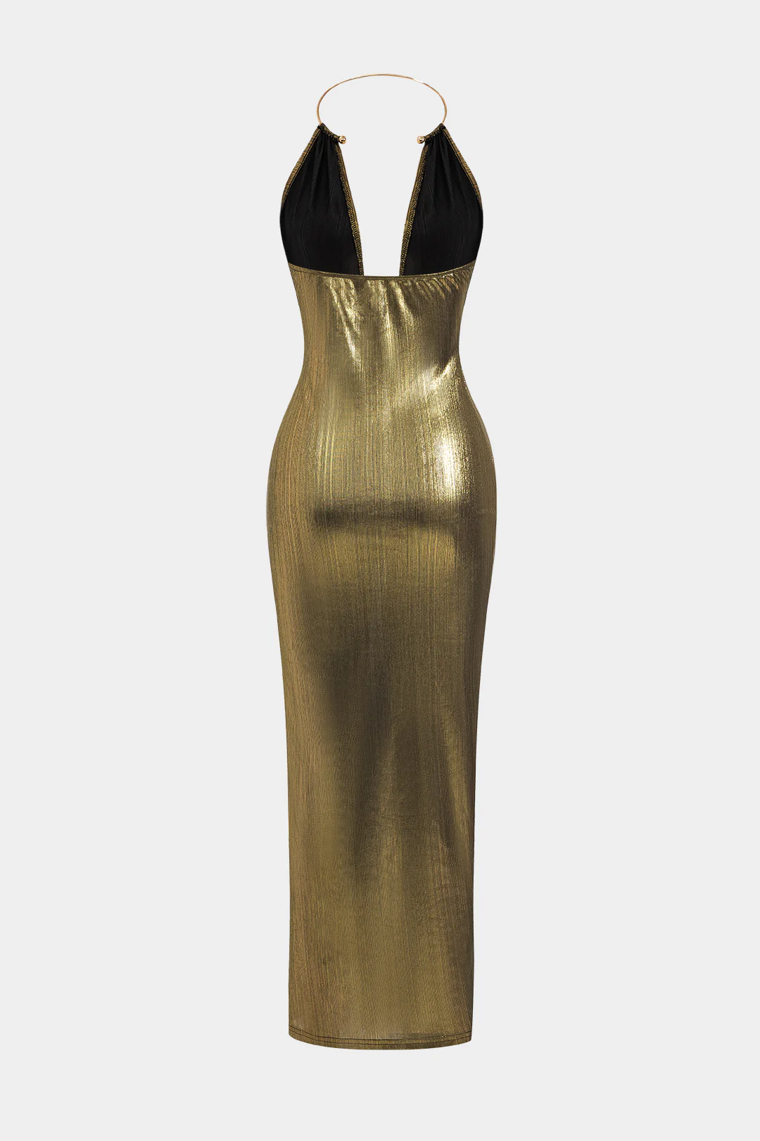 Metallic Ring Ruched Backless Slit Midi Dress - Flockneti