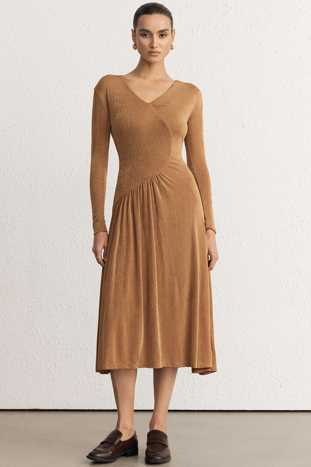 Asymmetrical Neck Long Sleeve Midi Dress - Flockneti