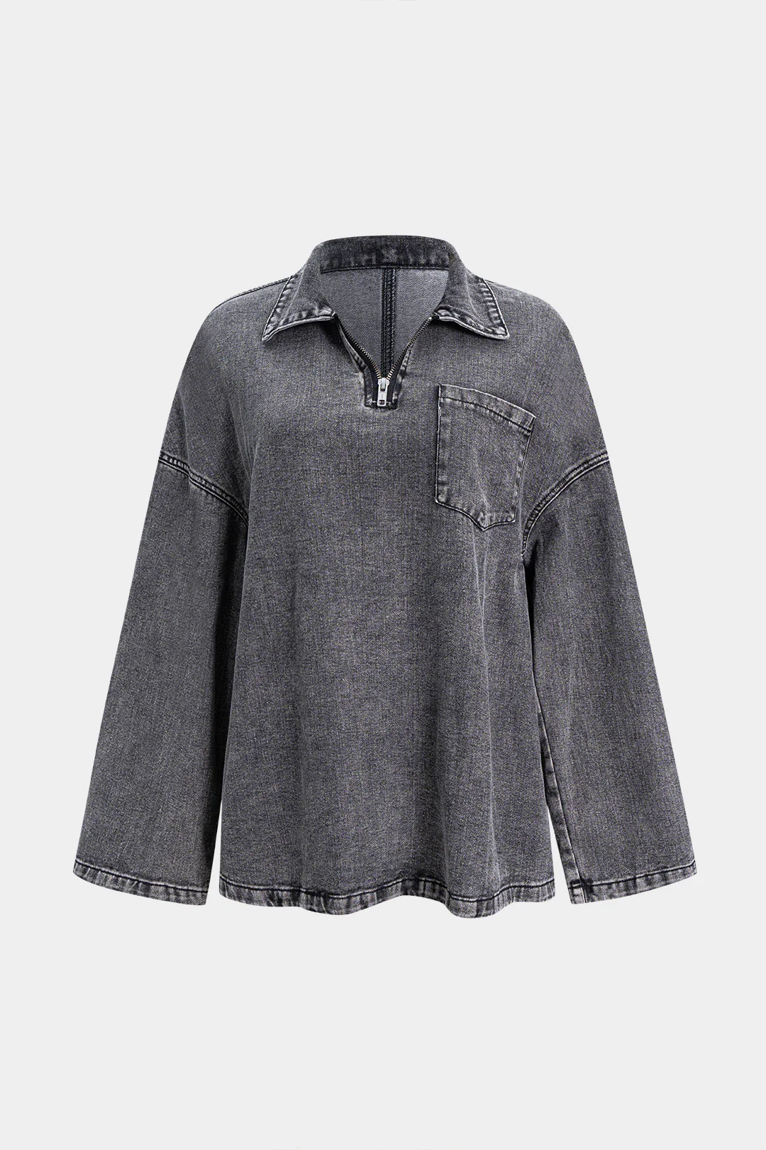 Denim Zipper Long Sleeve T-Shirt - Flockneti