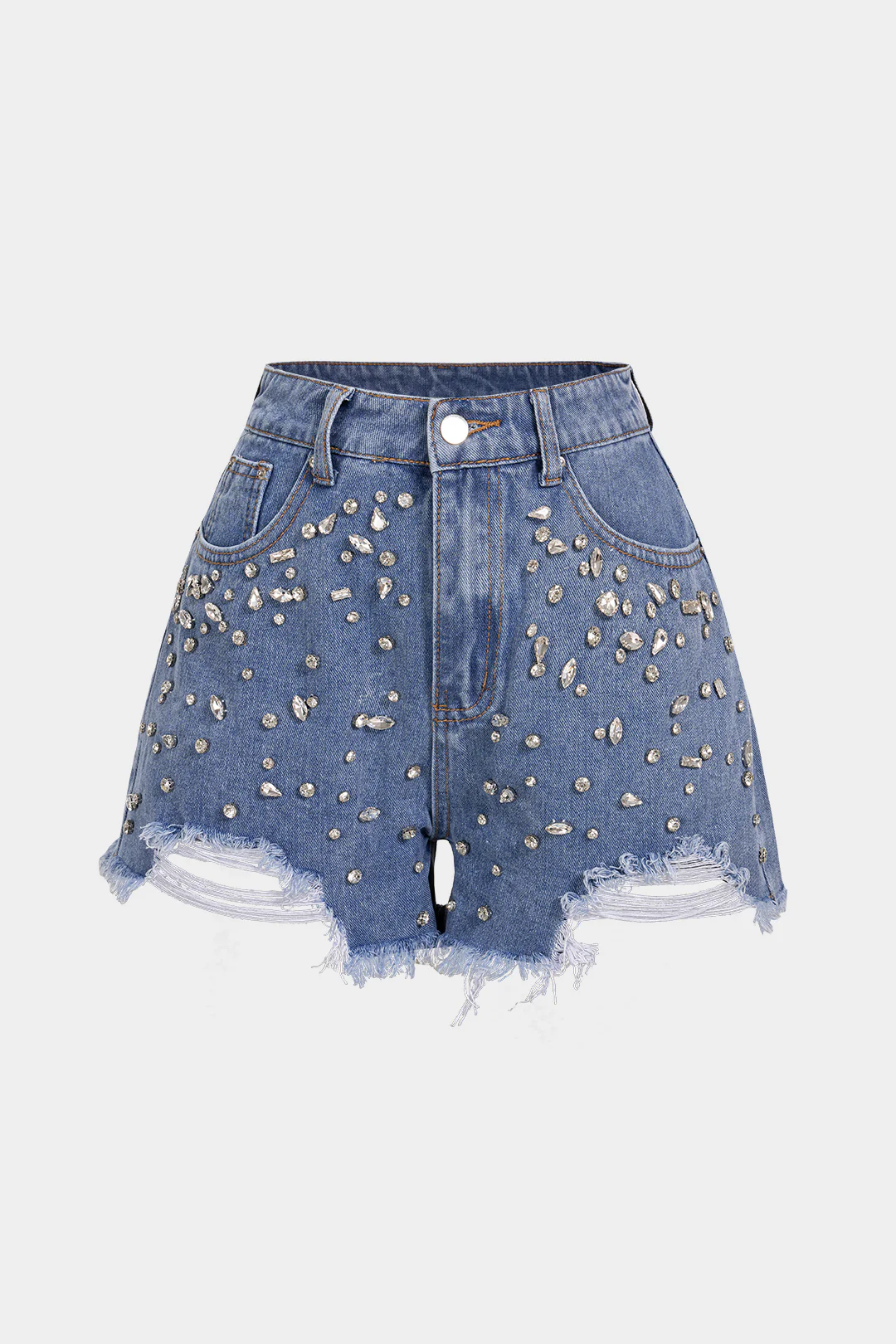 Denim Rhinestone Decor Pocket Ripped Shorts - Flockneti