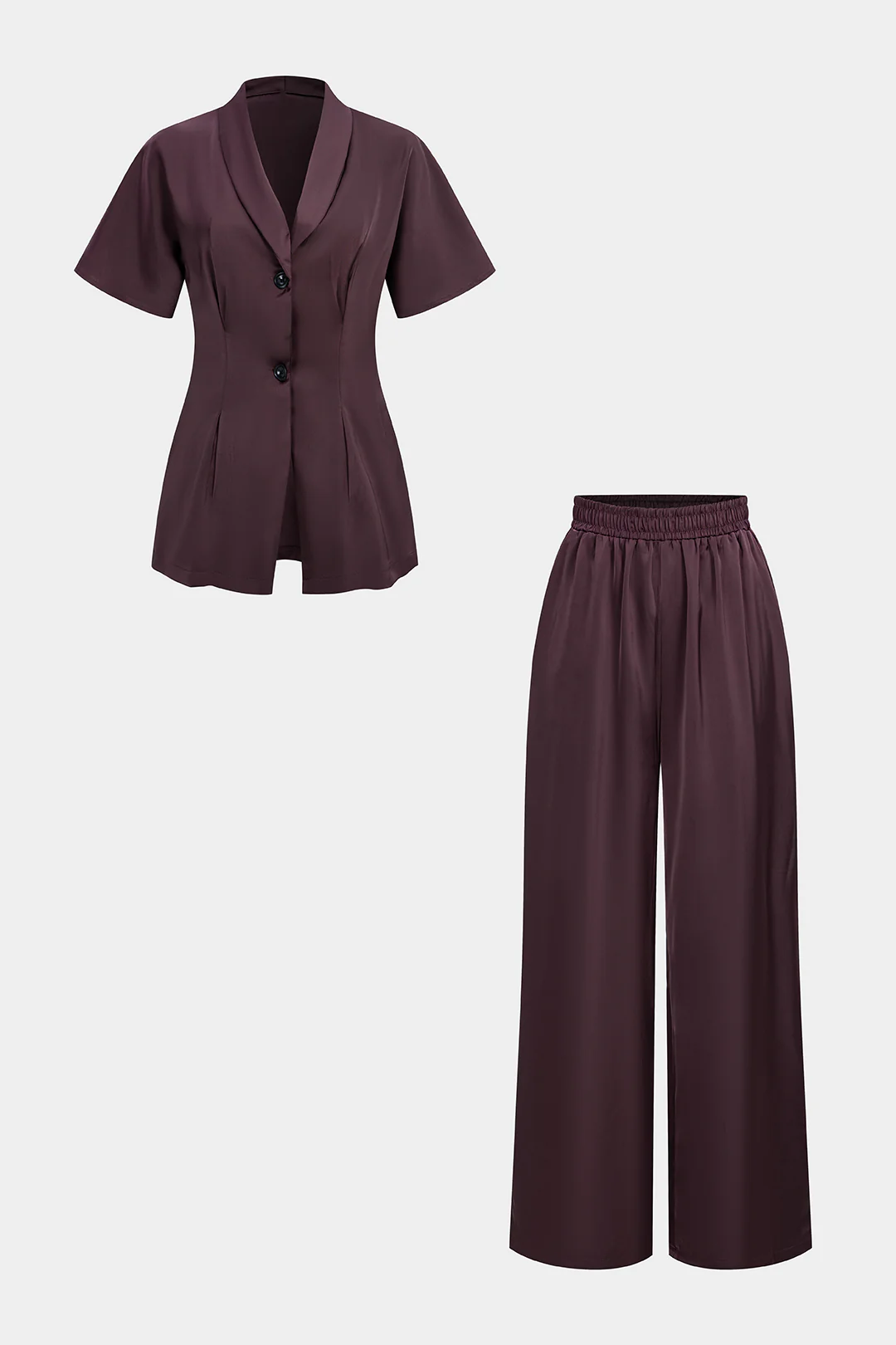 Satin V-Neck Short-Sleeve Top And High-Waist Wide-Leg Pants Set - Flockneti