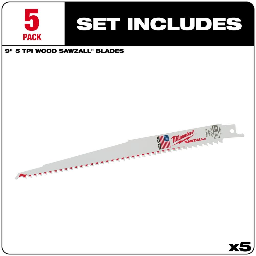 Milwaukee 9 in. 5 TPI SAWZALL Blades 5PK - Flockneti