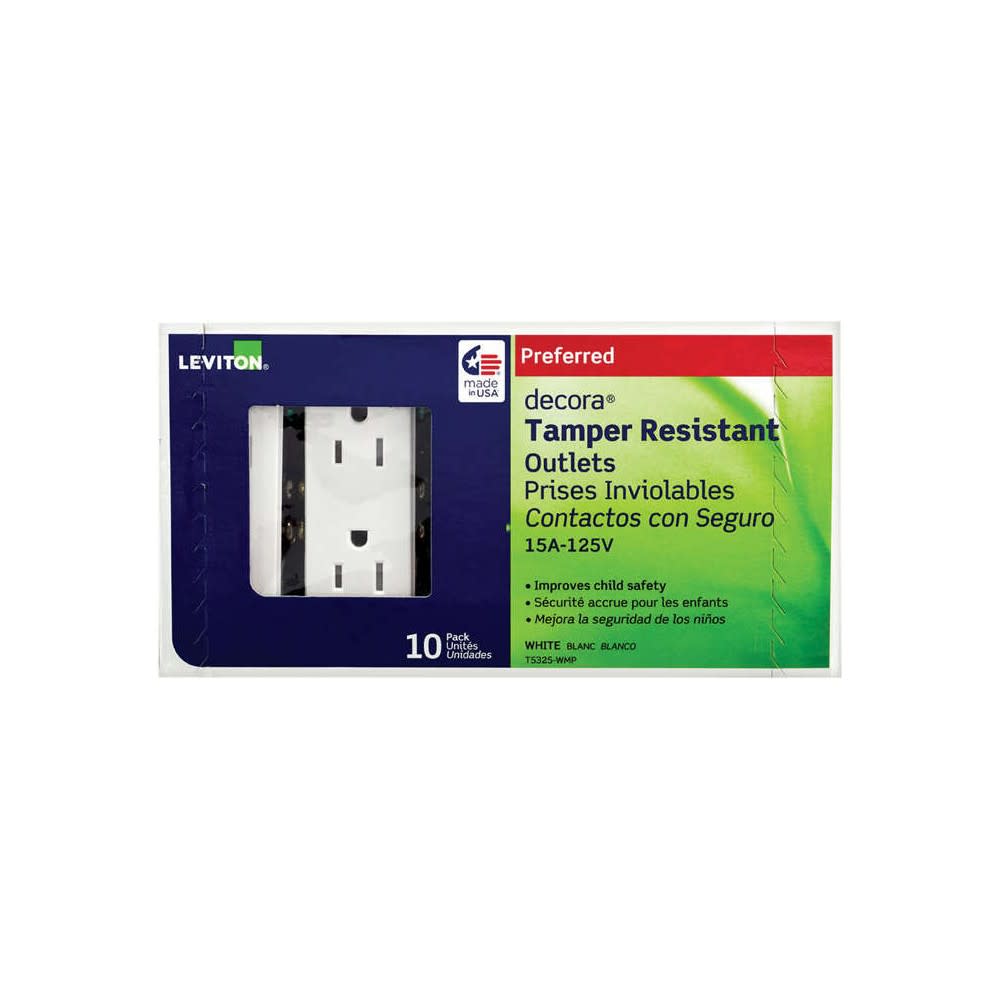 Leviton Decora Grounded Duplex Outlet Receptacle 15A 125V White 10pk - Flockneti