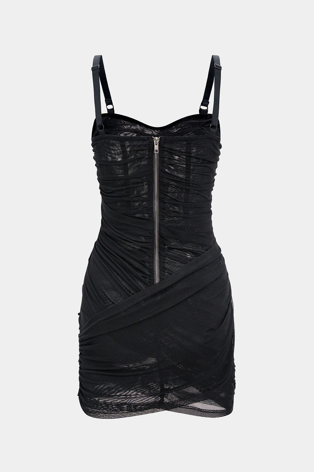 Asymmetrical Ruched Mesh Sleeveless Mini Dress - Flockneti