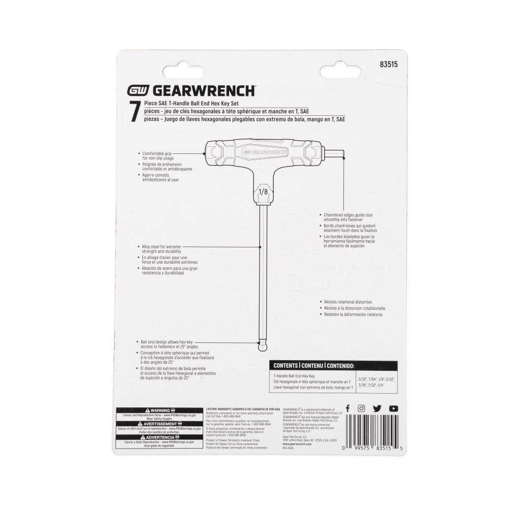 GEARWRENCH Hex Key Set SAE T Handle Ball End 7pc - Flockneti