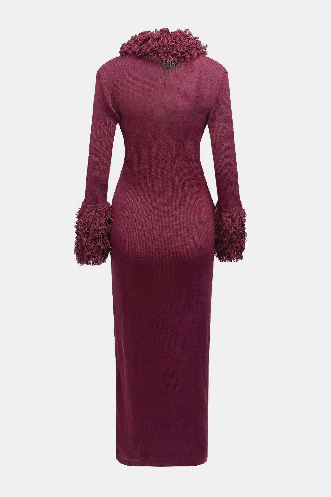 Knit Fringe Trim Deep V-Neck Long Sleeve Dress - Flockneti