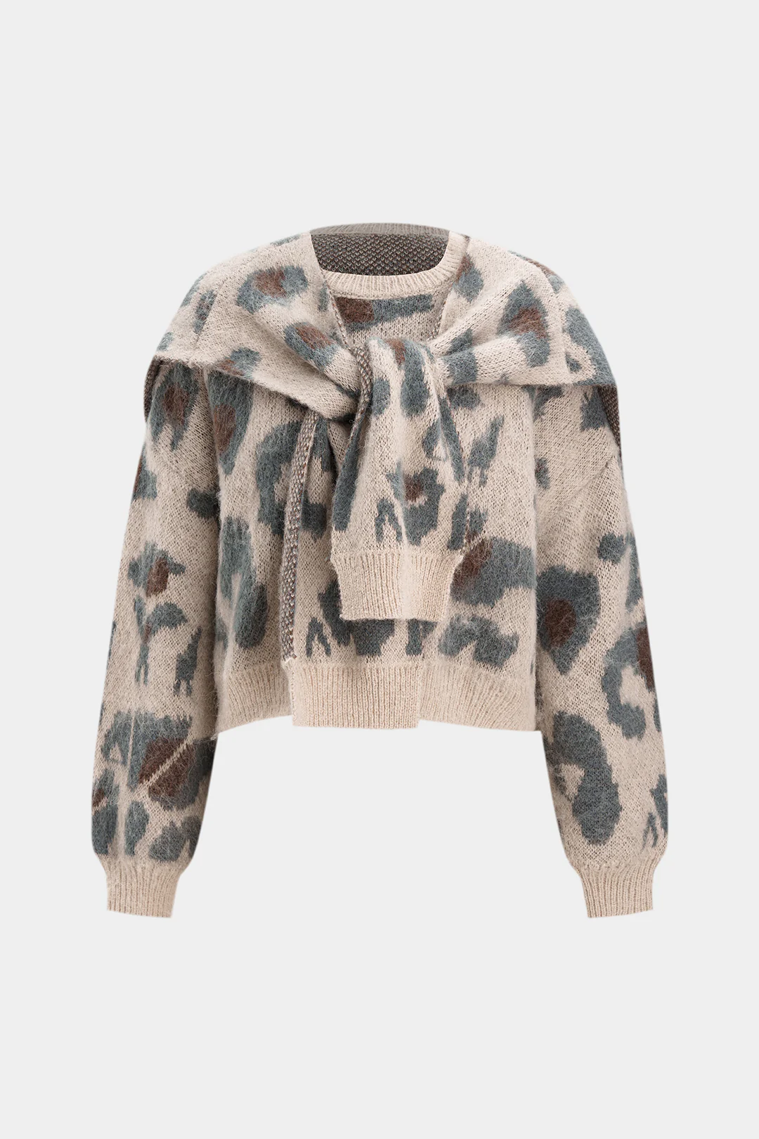 Contrast Abstract Print Knit Long-Sleeve Top With Shawl - Flockneti