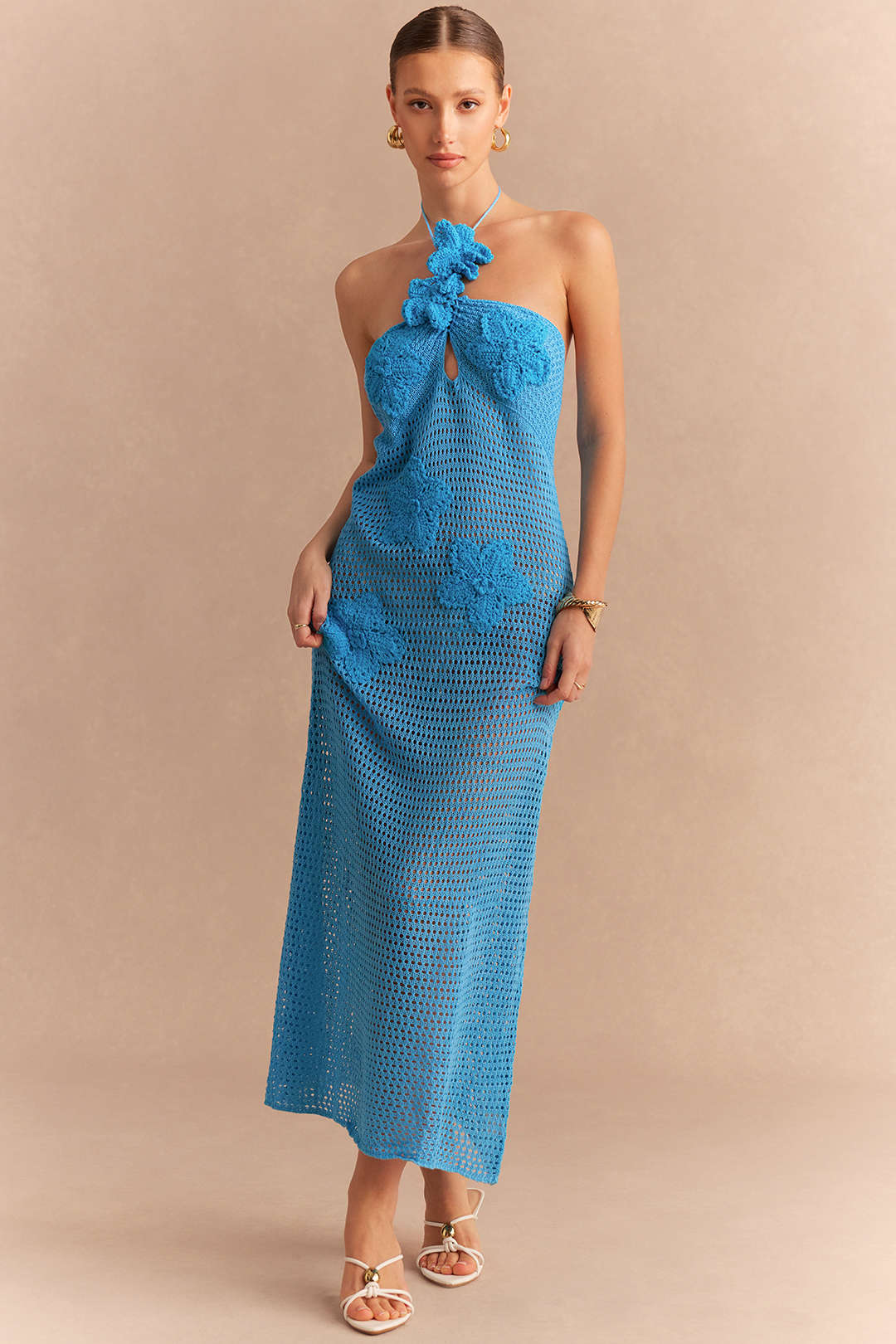 Knit Hollow Out Halter Neck Tie Back Asymmetrical Floral Sleeveless Dress - Flockneti