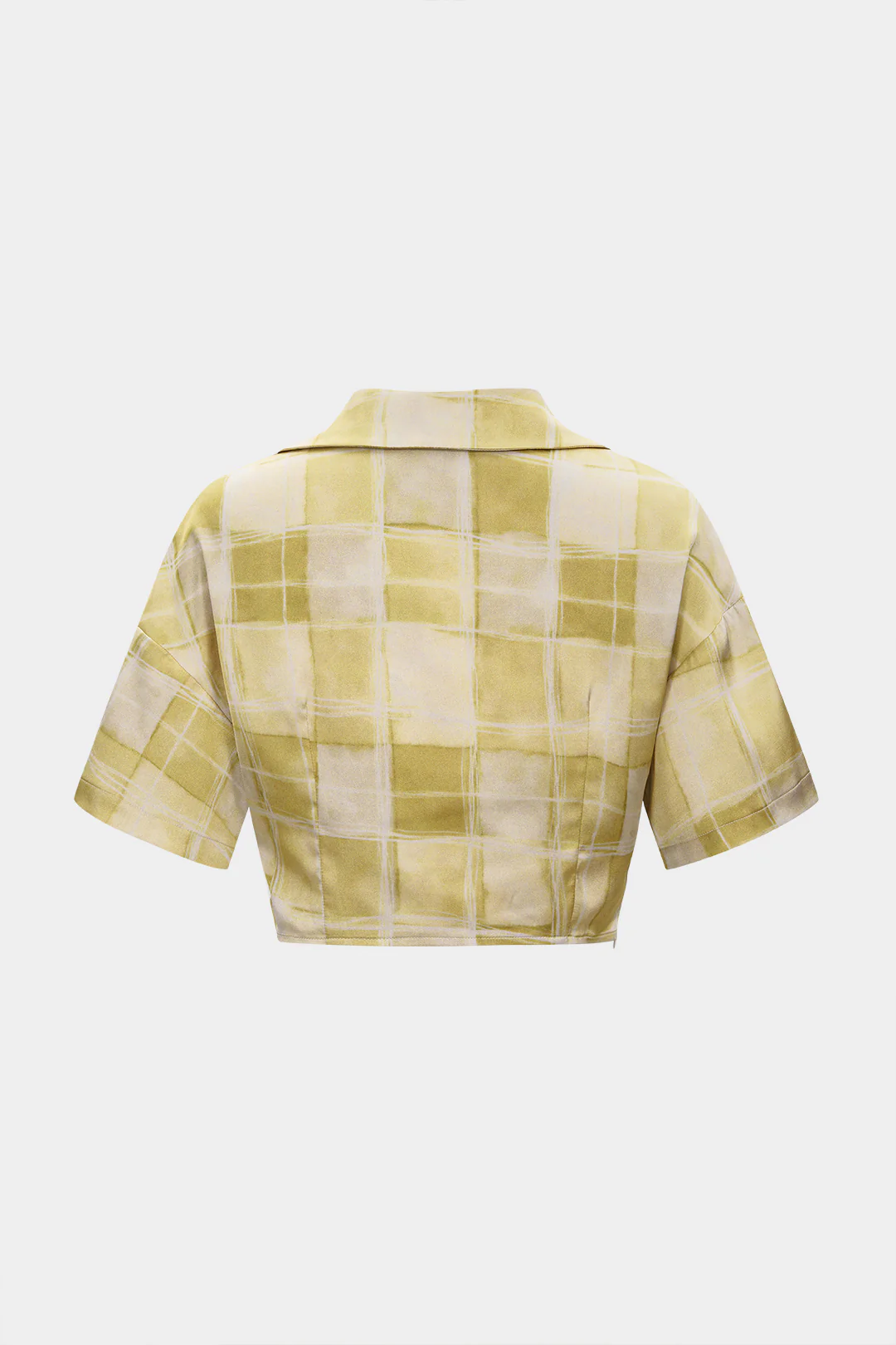 Plaid Print Satin Knotted Short-Sleeve Shirt - Flockneti