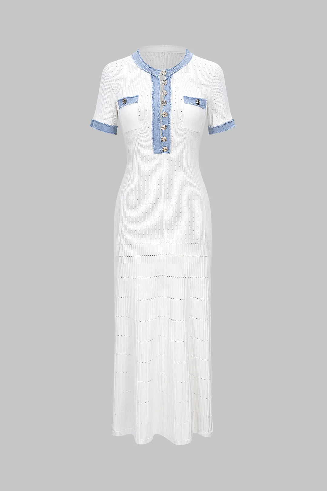 Knit Patchwork Frayed Button Short Sleeve Dress - Flockneti