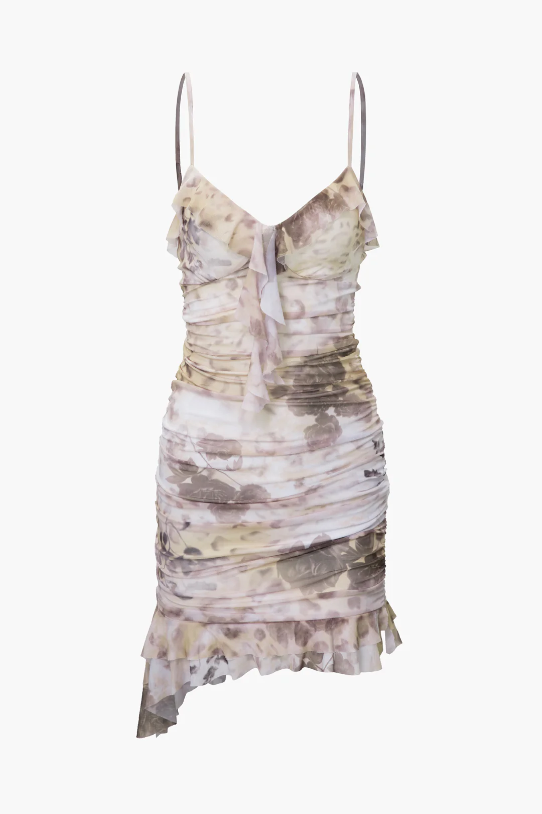 Floral Print Ruffle Ruched Sleeveless Mini Dress - Flockneti