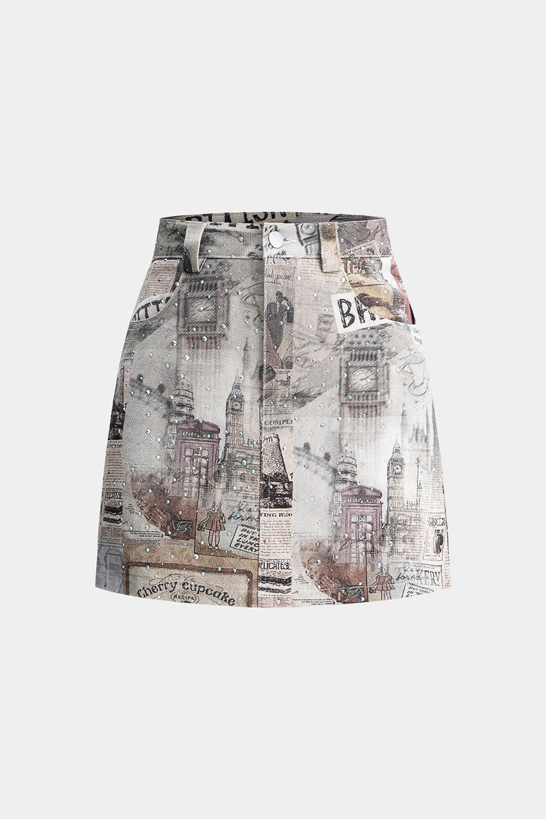 Retro Print Denim Rhinestone Skirt - Flockneti