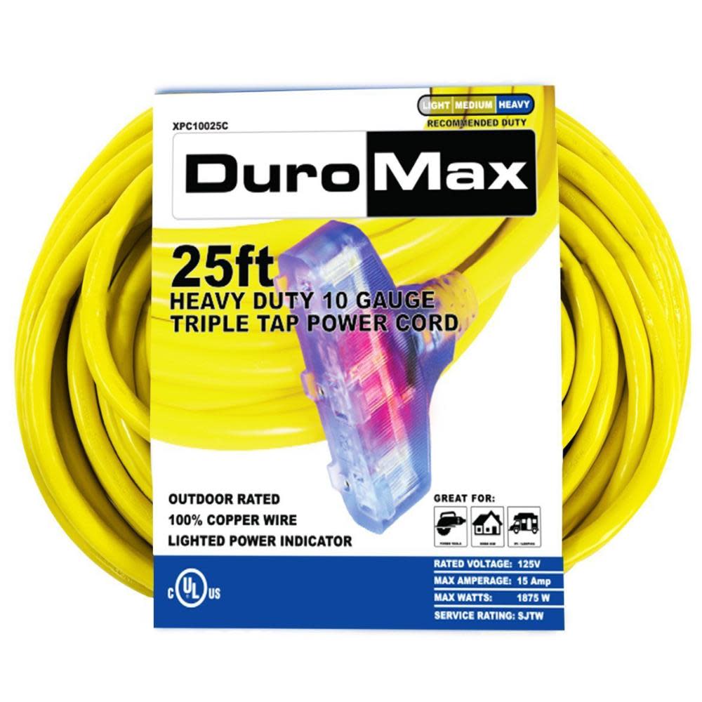 Duromax SJTW Lit Extension Power Cord 25′ 10ga Triple Tap 100% Copper - Flockneti