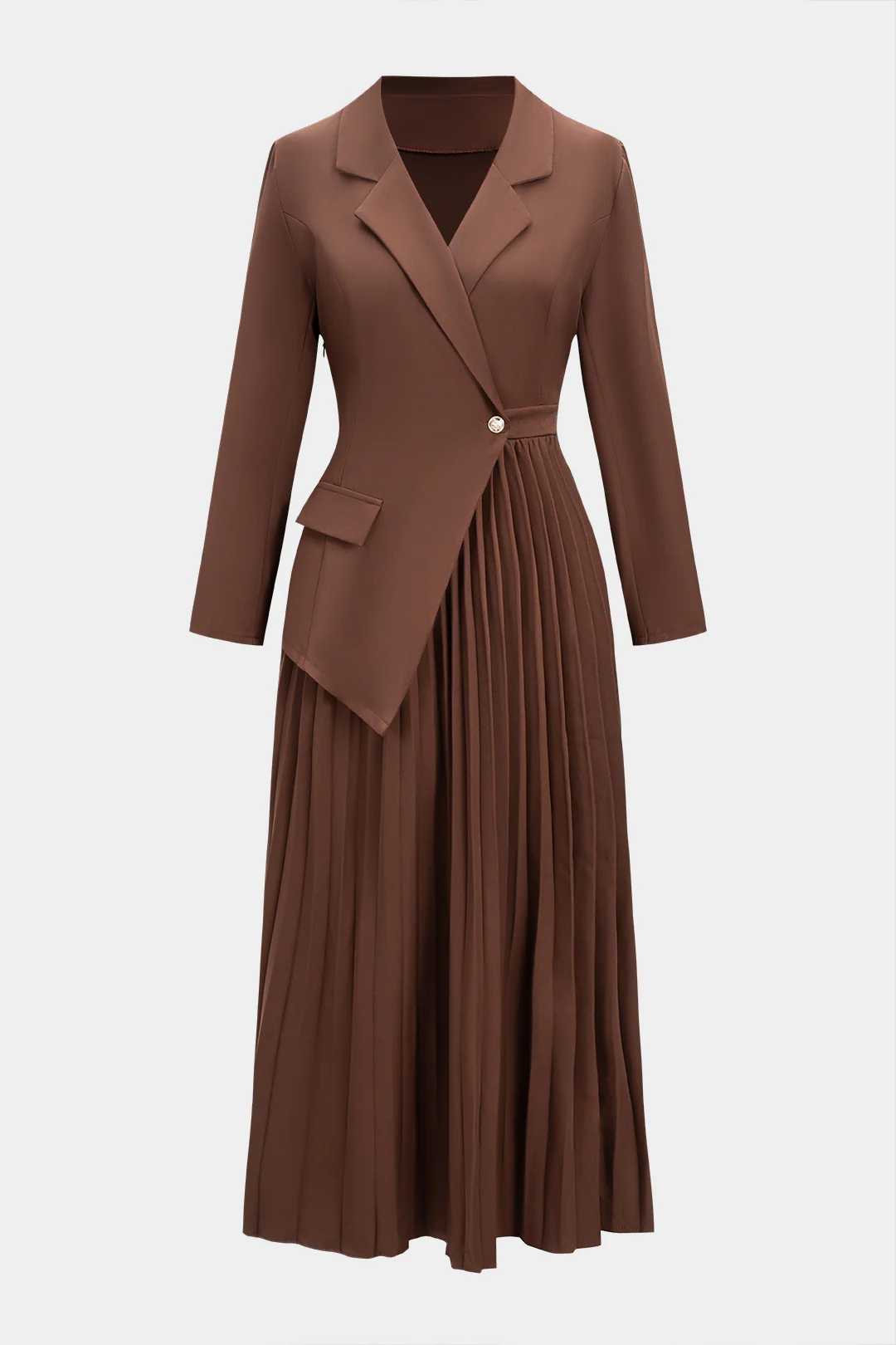 Notched Lapel Pleated Asymmetrical Long-Sleeve Maxi Dress - Flockneti