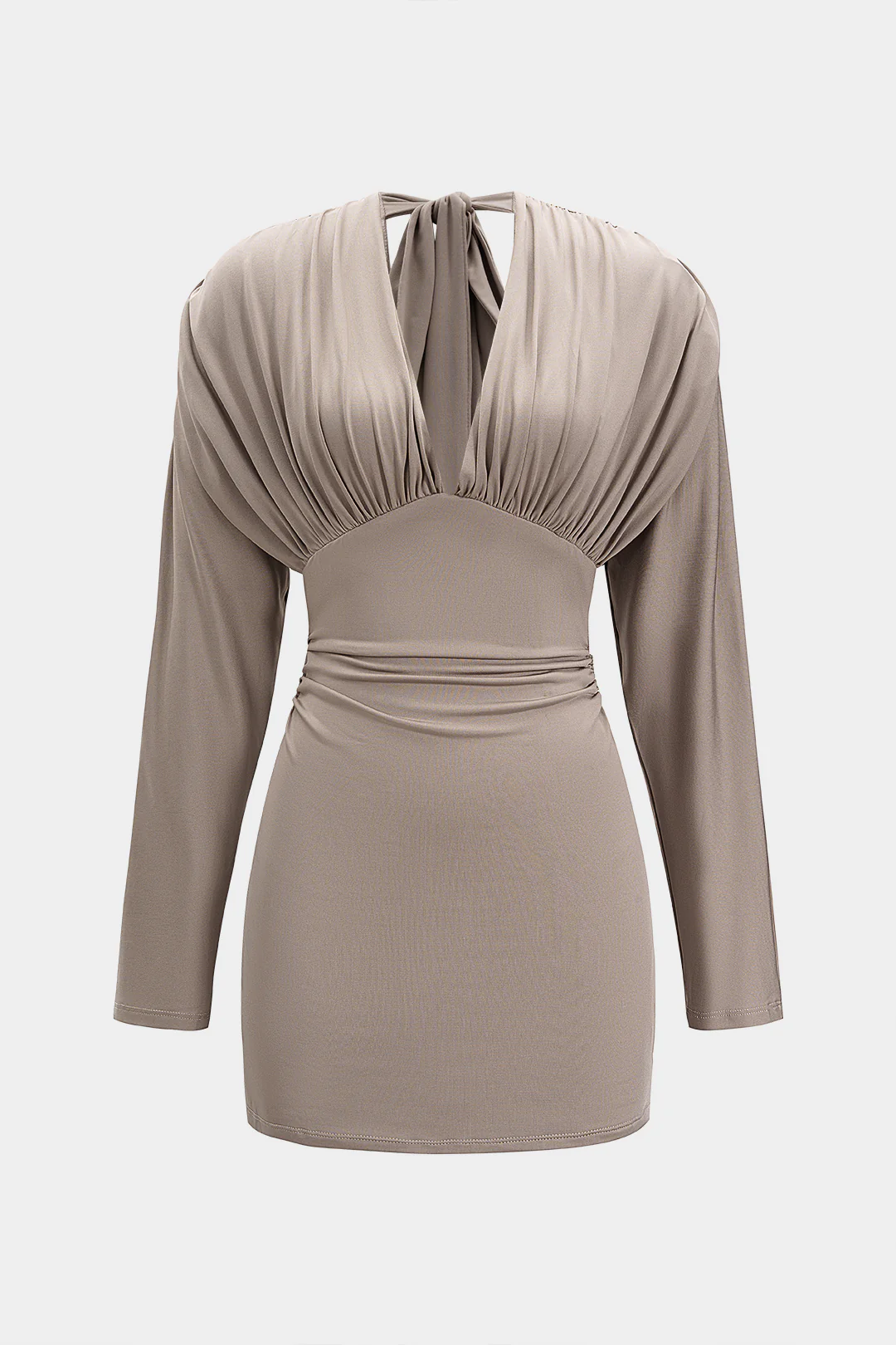 V-Neck Tie Back Ruched Long Sleeve Mini Dress - Flockneti
